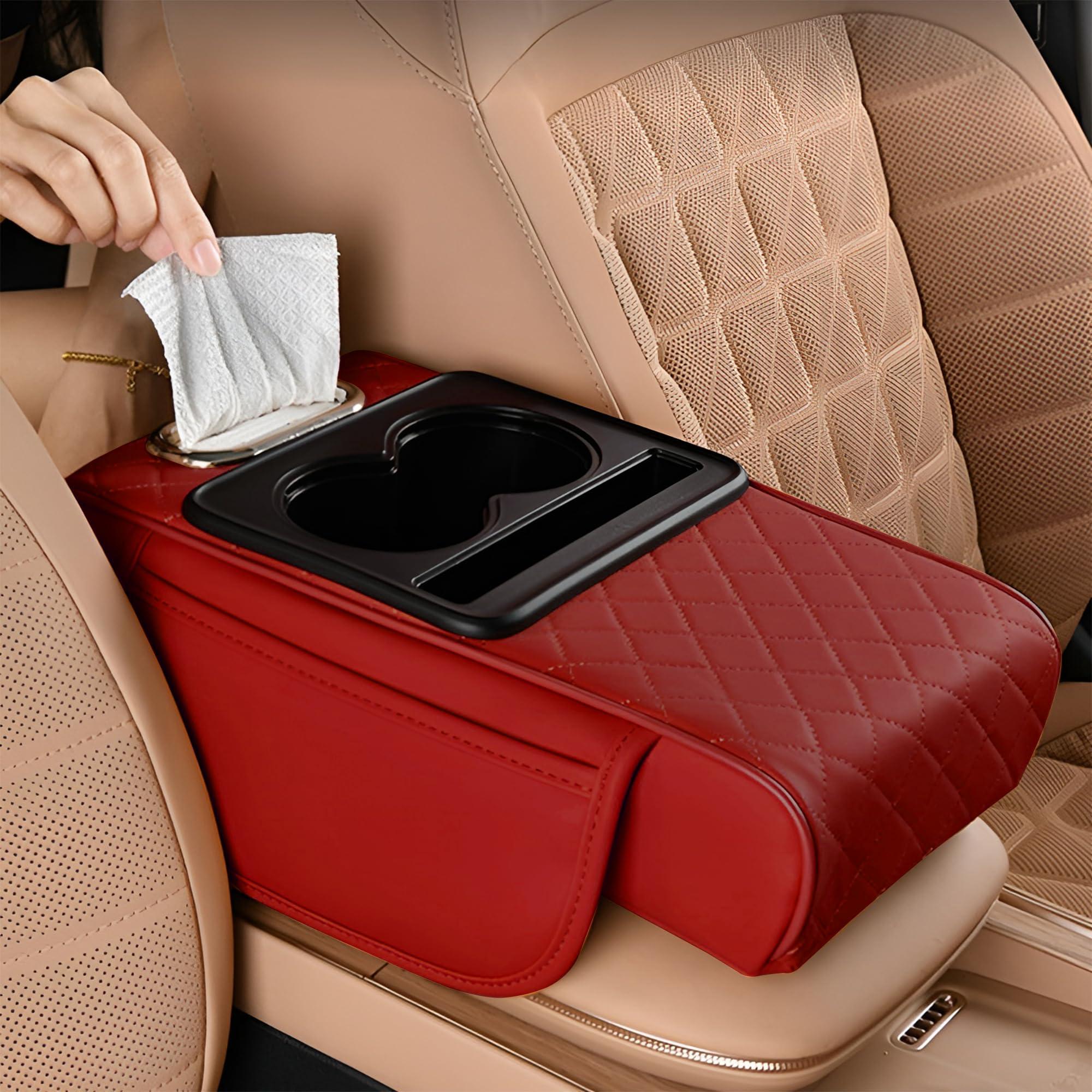 SIAGO SIA399 Premium Car Armrest Cover | 5-in-1 Center Console Organizer with Cup Holder, Phone Slot, & Storage Bags | Anti-Slip PU Leather Cushion for Sedans & SUVs (Red)