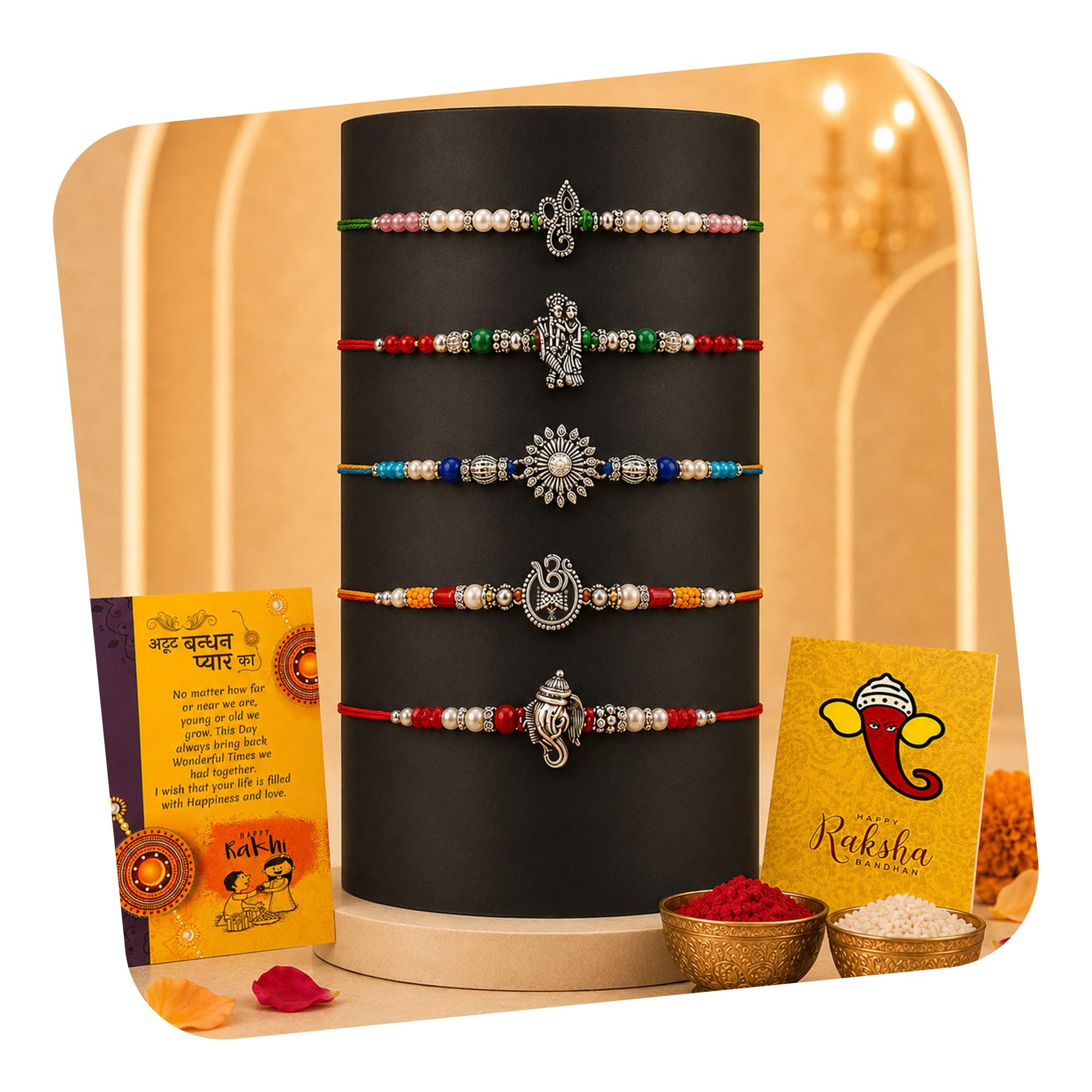 CraftVatika Silver Rakhi Set of 5 for Brother Bhai Men Boy, Rakhis for Rakshabandhan, Ganesha, Radha Krishna Om Religious Silver Rakhi for Brother Rakshabandhan Thread with Best Wishes Card Tilak Set