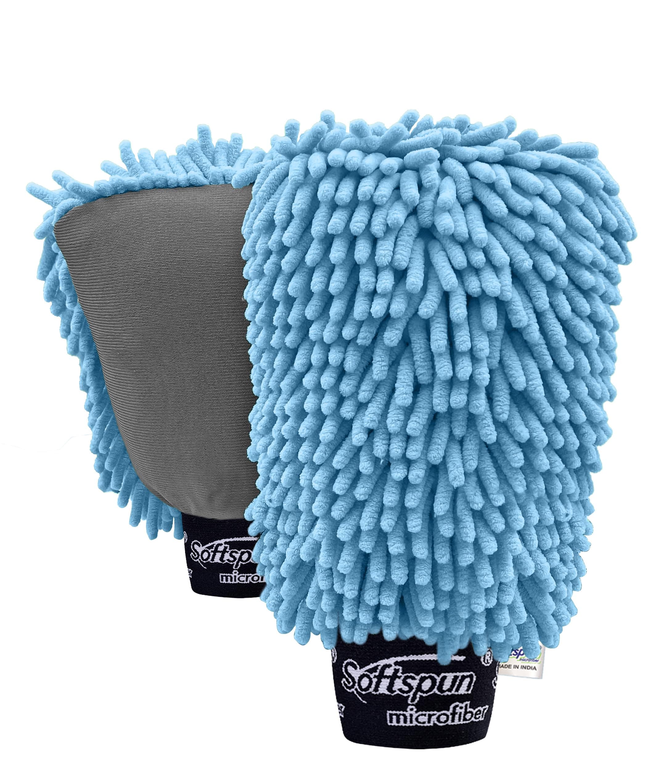SOFTSPUN Microfiber Chenille & Glass Cloth Mitt, 2 Piece Combo 1700 GSM Sky Blue Multipurpose Super Absorbent and Perfect Wash Clean with Lint-Scratch Free Cars Window Kitchen Home Dusting.