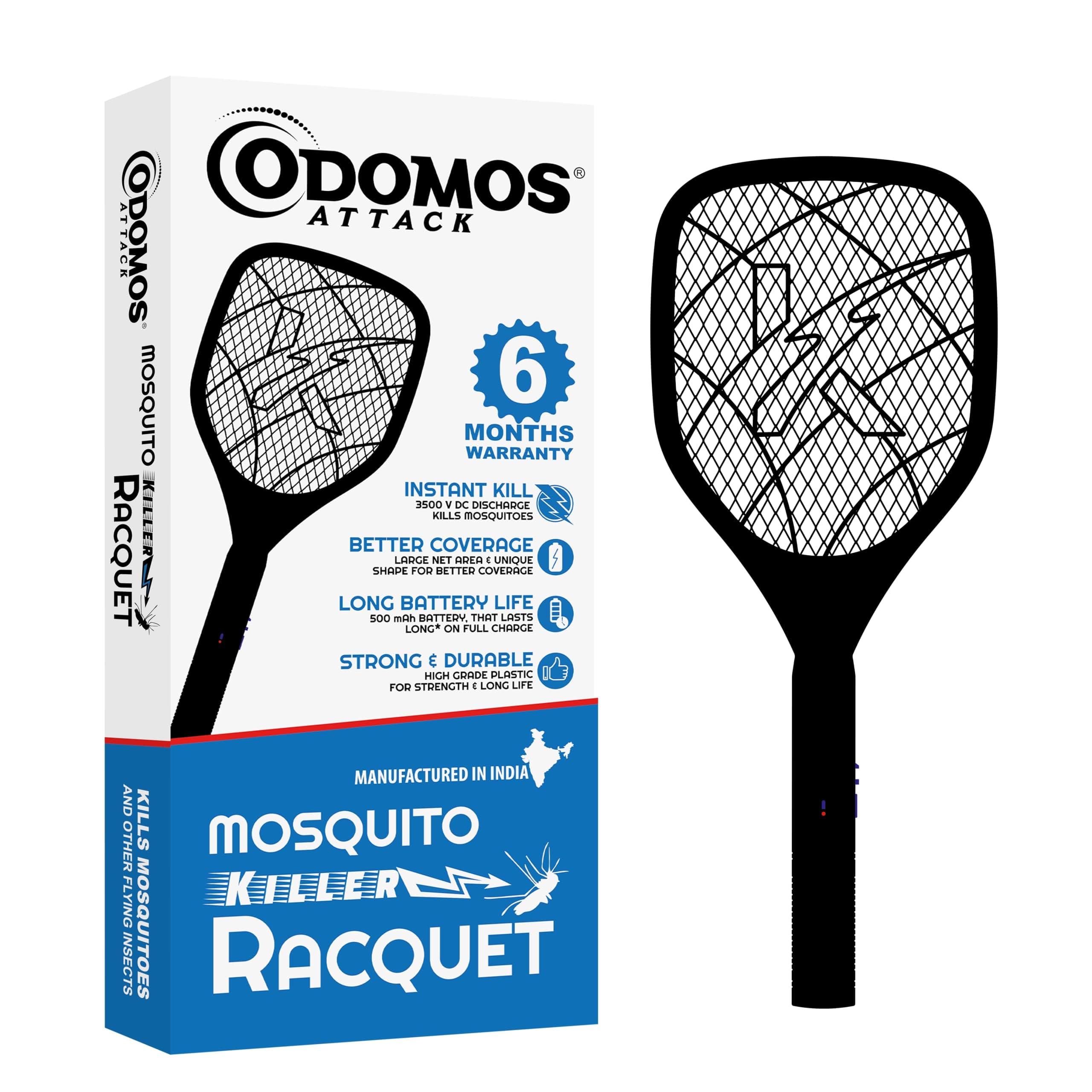 Odomos Attack Anti - Mosquito Rechargeable Racquet | 400mAH Battery | Large Net Area for Better Coverage | Long Lasting Internal Battery with Plug in Socket | 6 Months Warranty (Black)