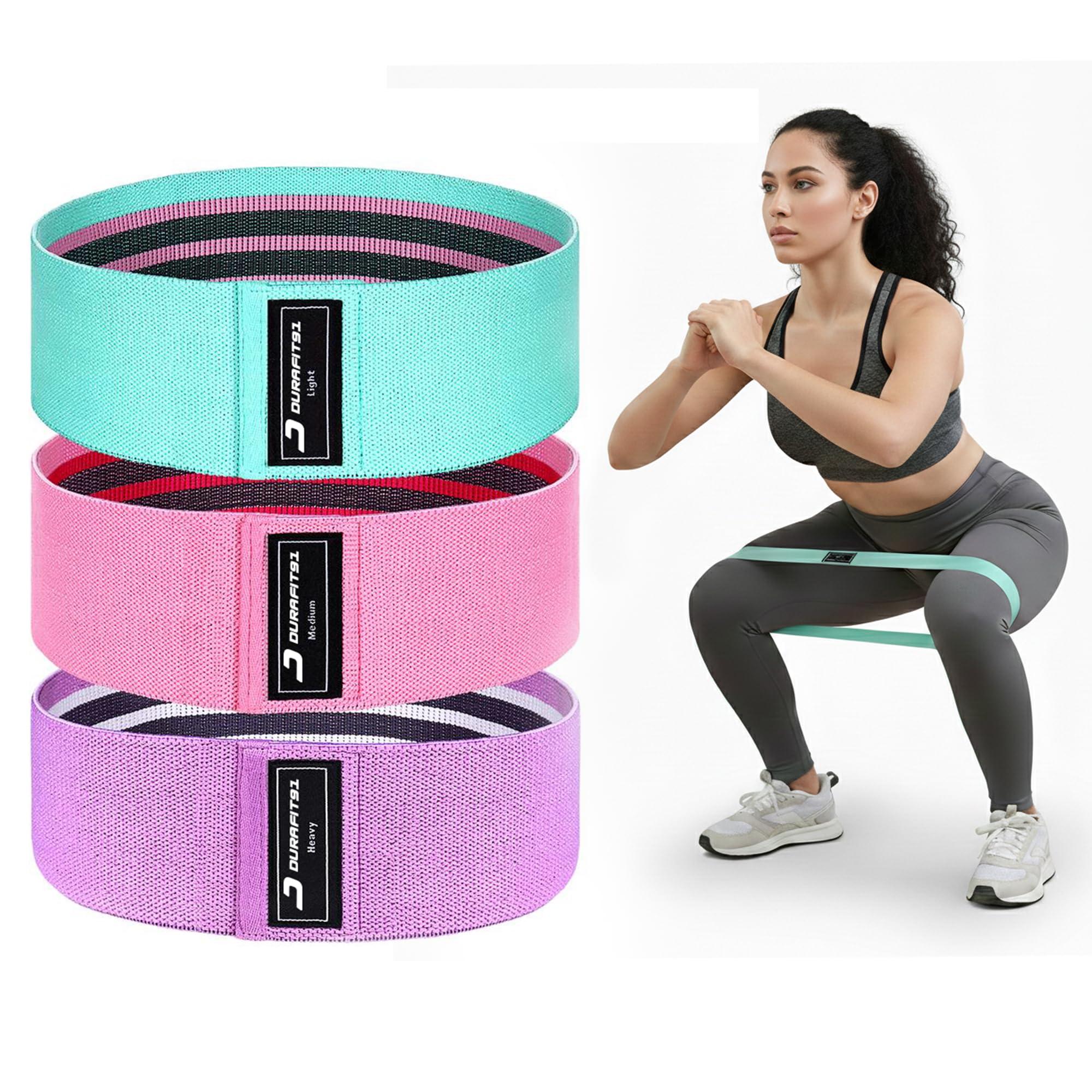 Durafit91™ Fabric Resistance Bands Set of 3 (Light to Heavy) Strength Levels for Unisex, Non-Slip Hip Bands for Glutes, Legs & Squats, Exercise Booty Bands for Workout, Stretching, Toning