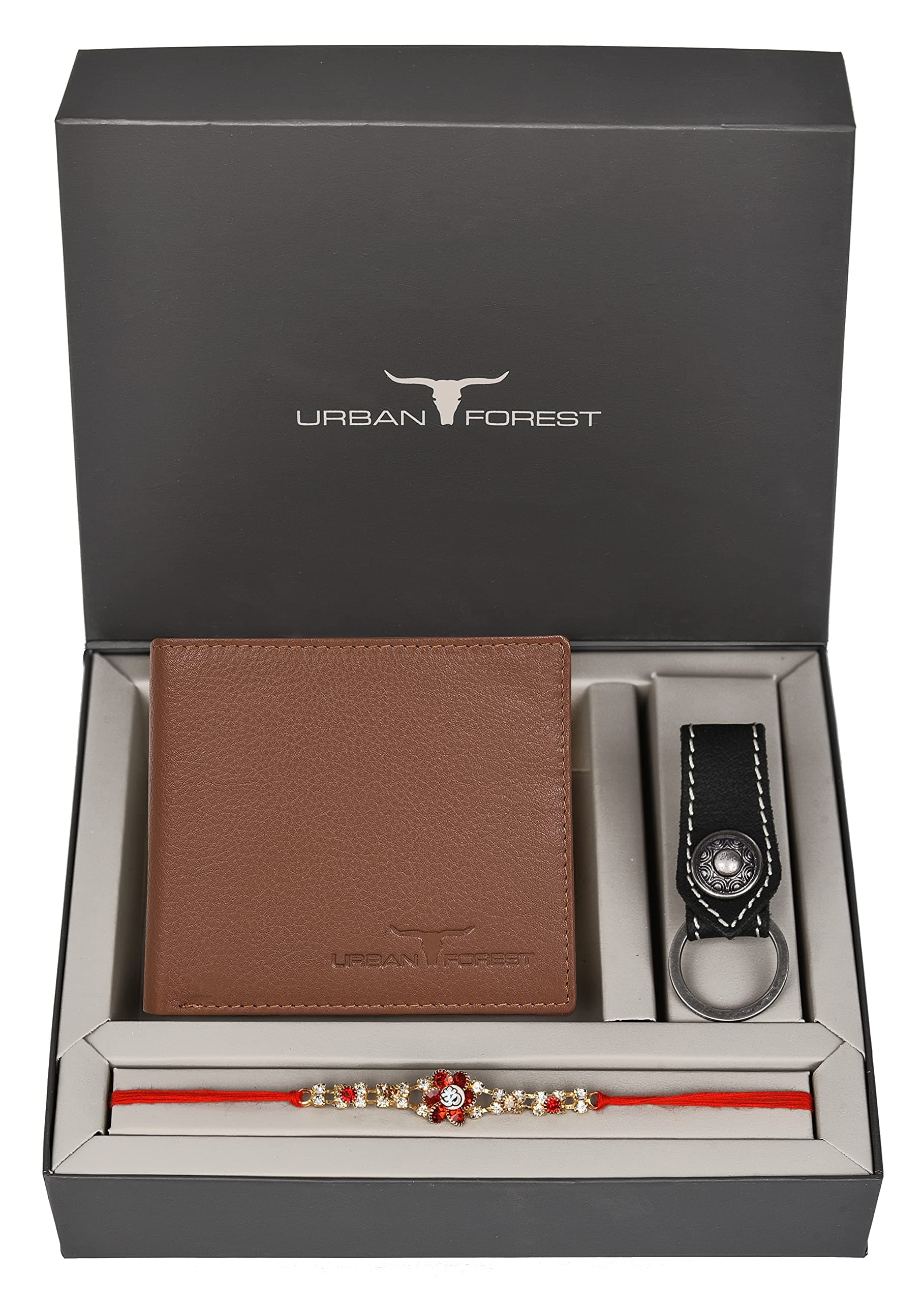 URBAN FOREST Rakhi Gift Hamper for Brother - Classic Redwood Men's Leather Wallet, Black Keyring and Rakhi Combo Gift Set for Brother - 4561