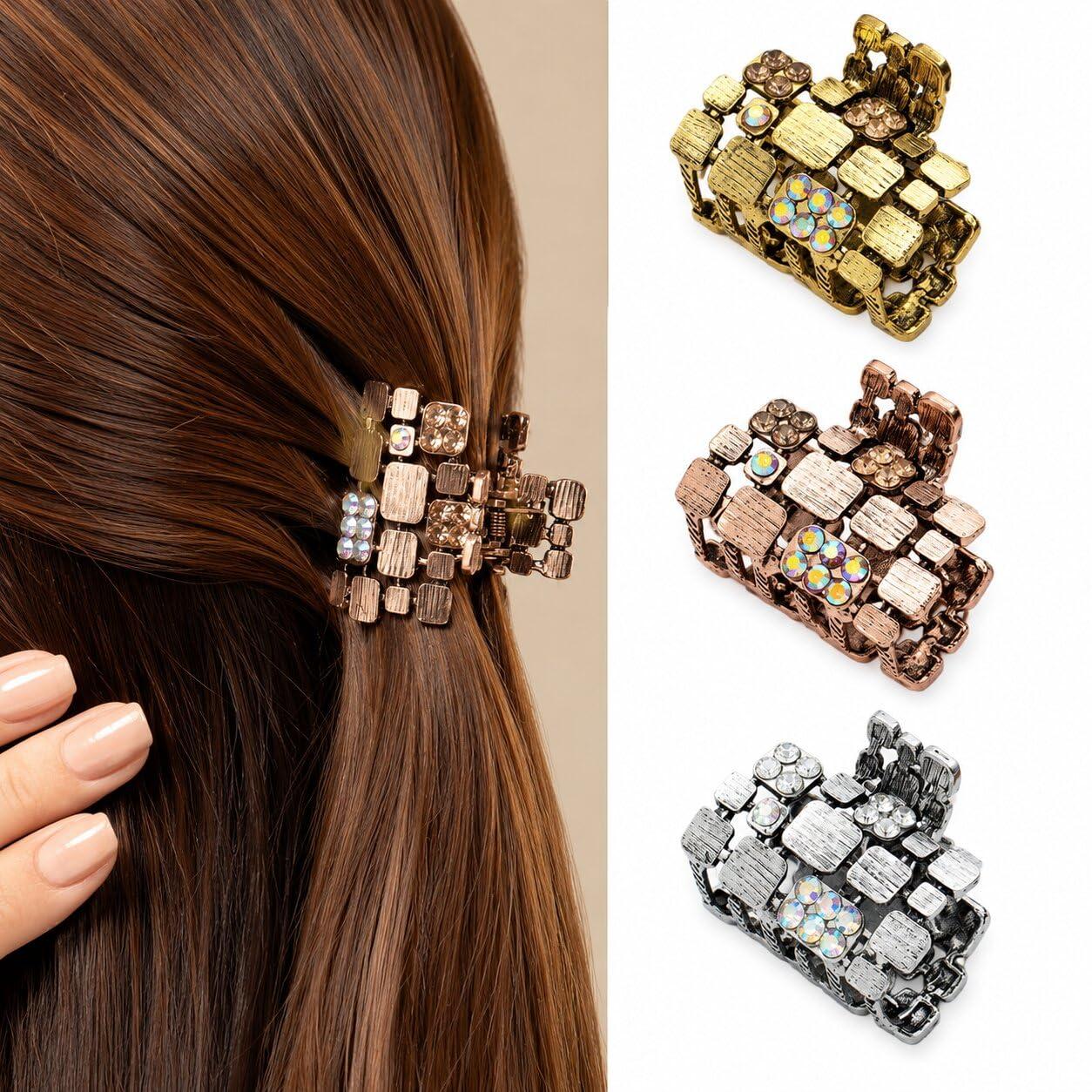 Radhu & Kabby Korean Style Mini Claw Clips Set of 3 for Women | Small Metal Clutcher Jaw Clips | Strong Hold Elegant Hair Accessories | Gold, Silver & Rose Gold