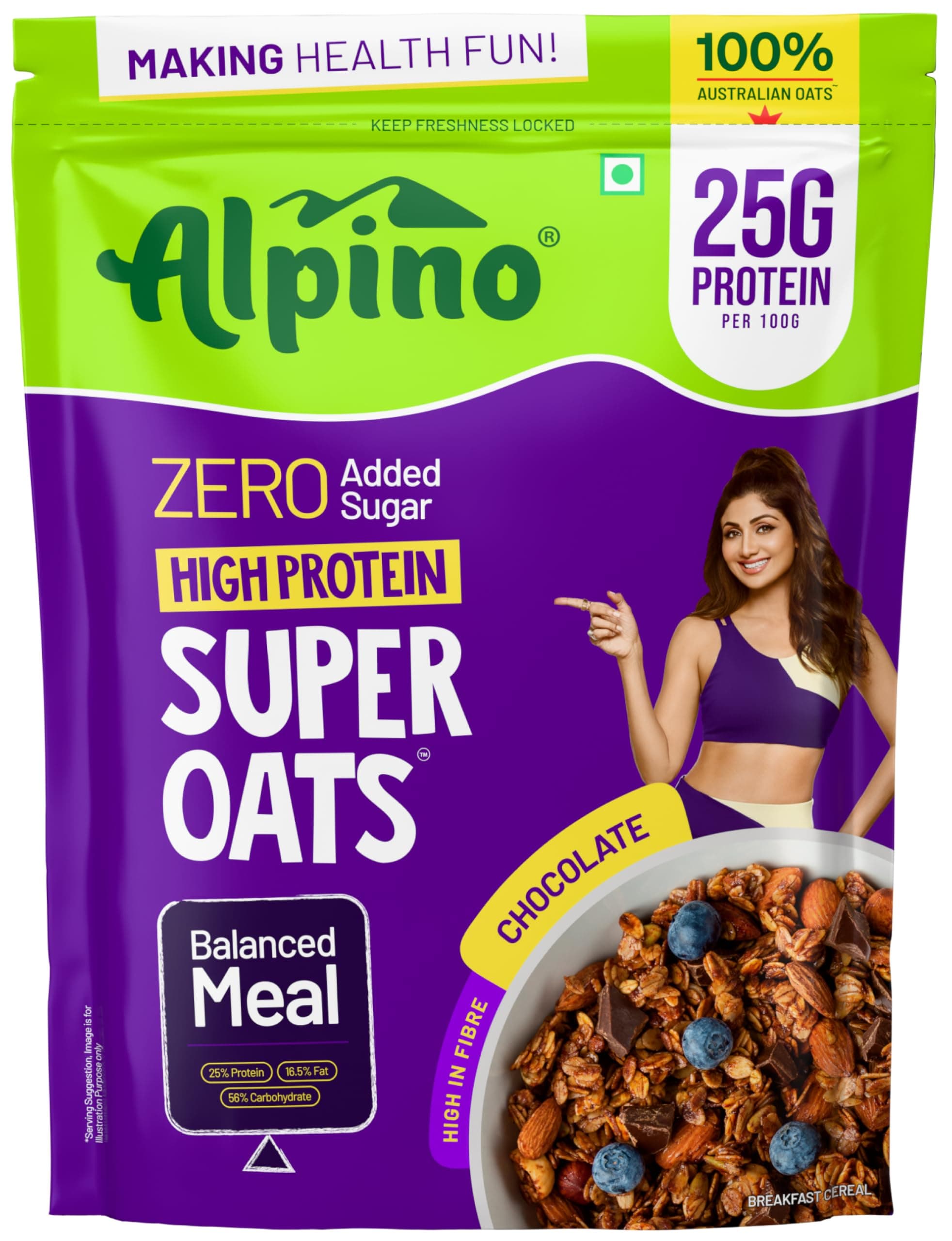 ALPINO 25g High Protein Super Oats Chocolate 400g – Rolled Oats with Peanut Butter, Cocoa, Nuts & Seeds – Zero Added Sugar & Salt – Source of Dietary Fibre & Healthy Fats