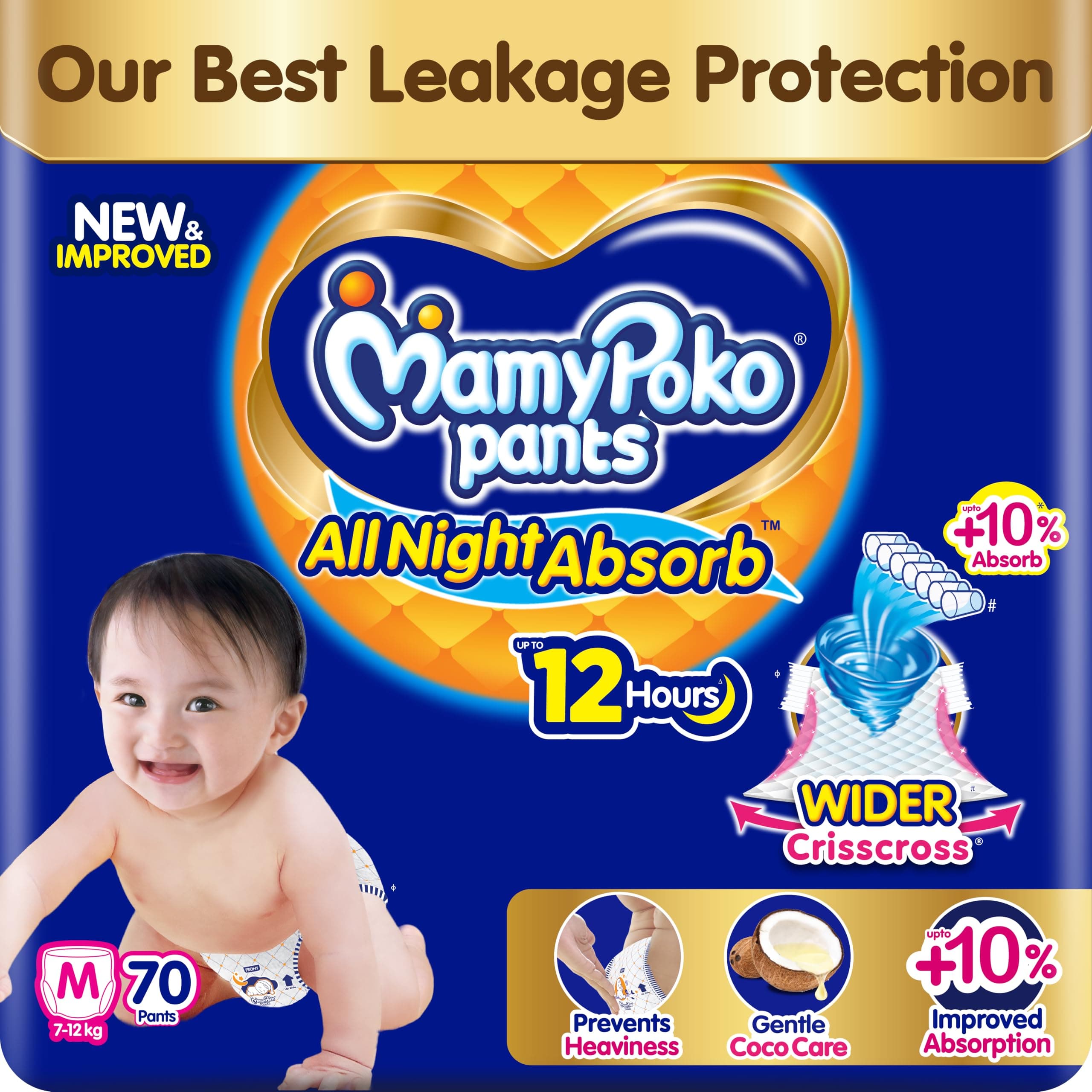 New Mamypoko Pants Premium All Night Absorb| Pant Style Baby Diapers Medium Size(M), 70 Count, Ideal for 7-12Kgs|1 Diaper= Upto All Night Absorption now with 10% increased power|Wider Crisscross Sheet|Gentle Coco Care| 12hr Leakage Protection| Prevents Heaviness.