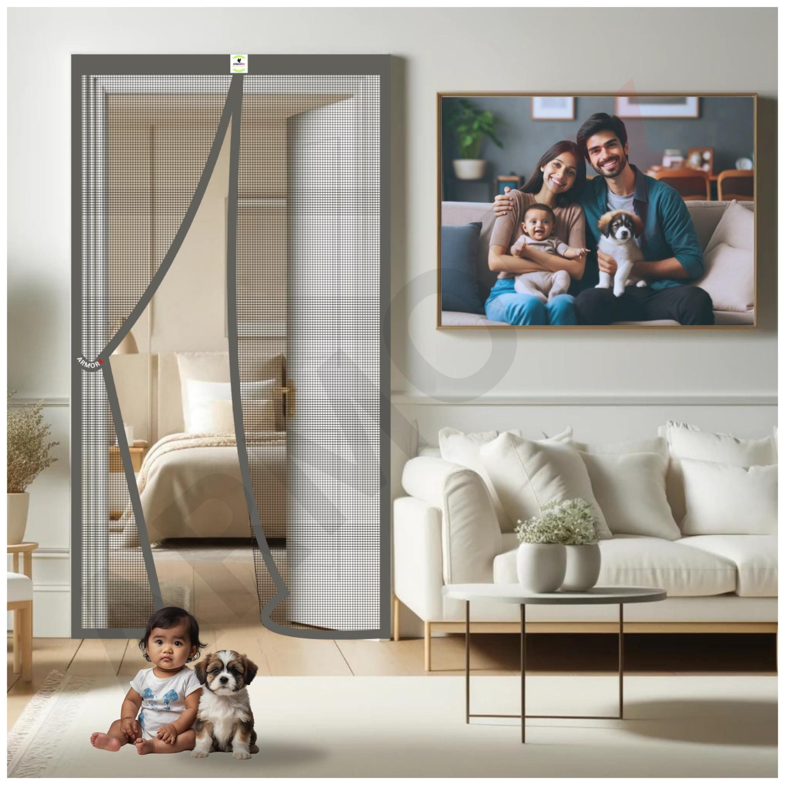 ARMORX High Tensile Polyester Magnetic Door Mosquito Net | Self Closing Magnets with Buckle Strap, Protection from Insects, Pets & Kids Friendly | Grey - 210cm x 100cm