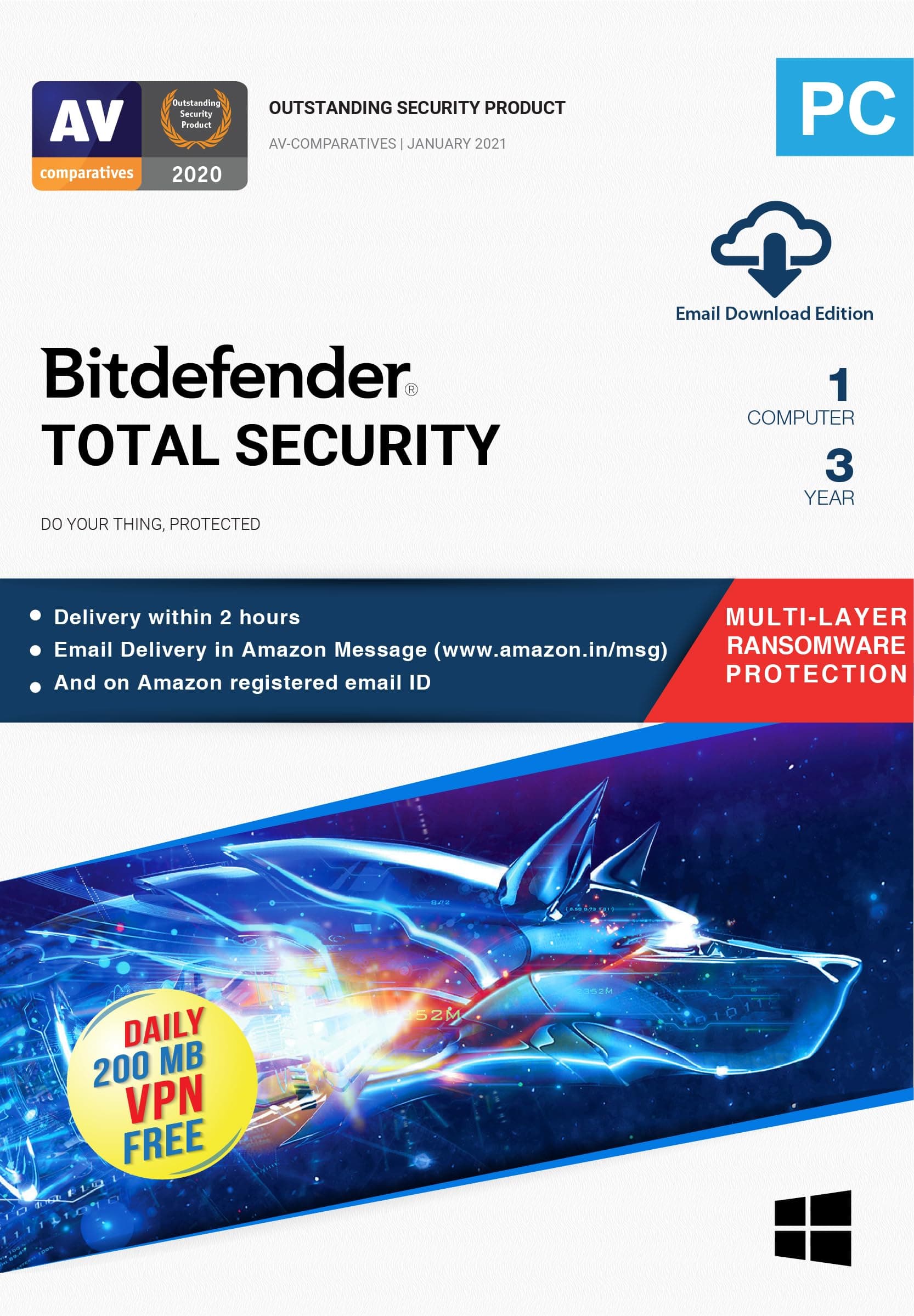 Bitdefender 1 User, 3 Years- Total Security | Windows Latest Version | (Single Activation Code)- [Email Delivery in 2 hours - No CD]