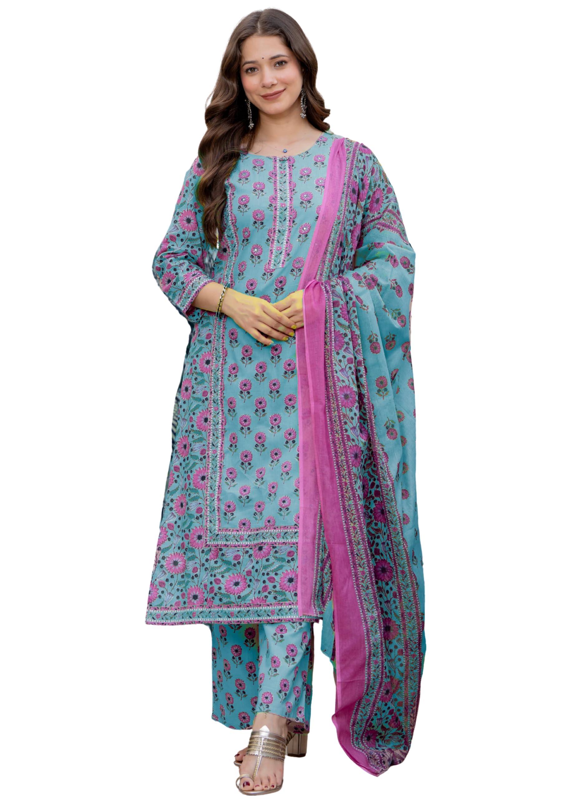 Amayra Women's Pure Cotton Straight Kurta Set with Palazzo Pants & Dupatta|Ethnic wear|Kurta Set for Women(TCK768,L) Blue