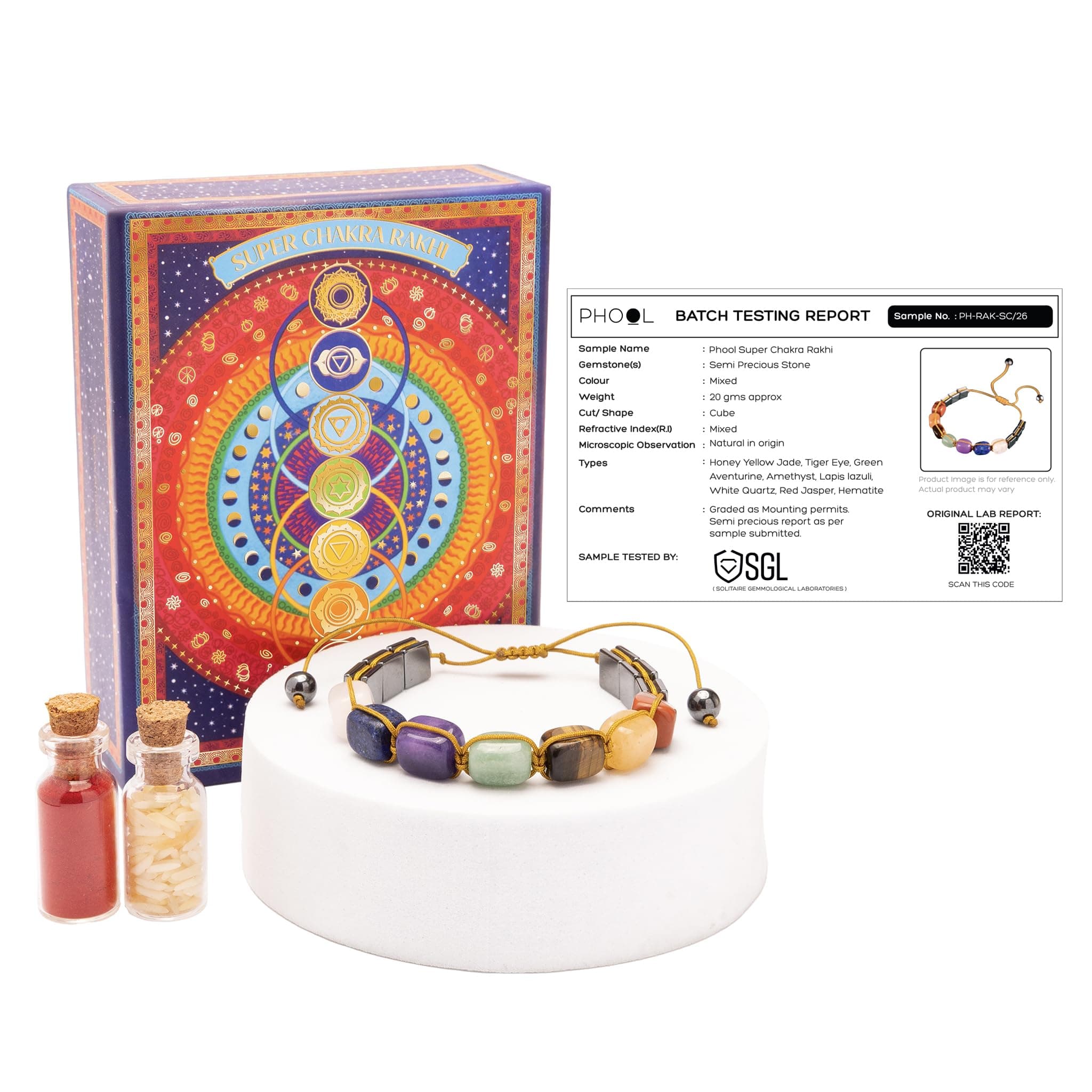 Phool Super Chakra Rakhi for Brother with Pyrite Stone | 7 Chakra Healing Crystal rakhi Bracelet | Lab Certified | Sacred Gemstone Beads with Roli Chawal | Raksha Bandhan Rakhi Gift for Bhai