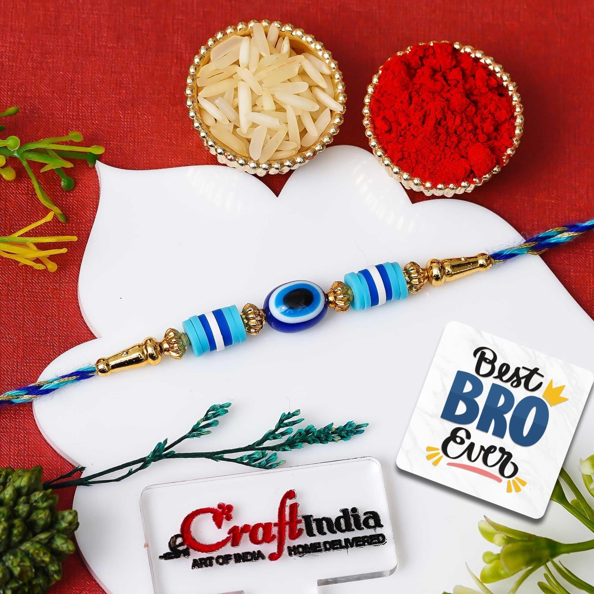 eCraftIndia Evil Eye Rakhi for Brother with Gift Combo Set Hamper | Single Raksha Bandhan Rakhi for Bhai Bhaiya Bhabhi Kids Boy | Best Bro Ever Fridge Magnet | Roli Chawal Pack