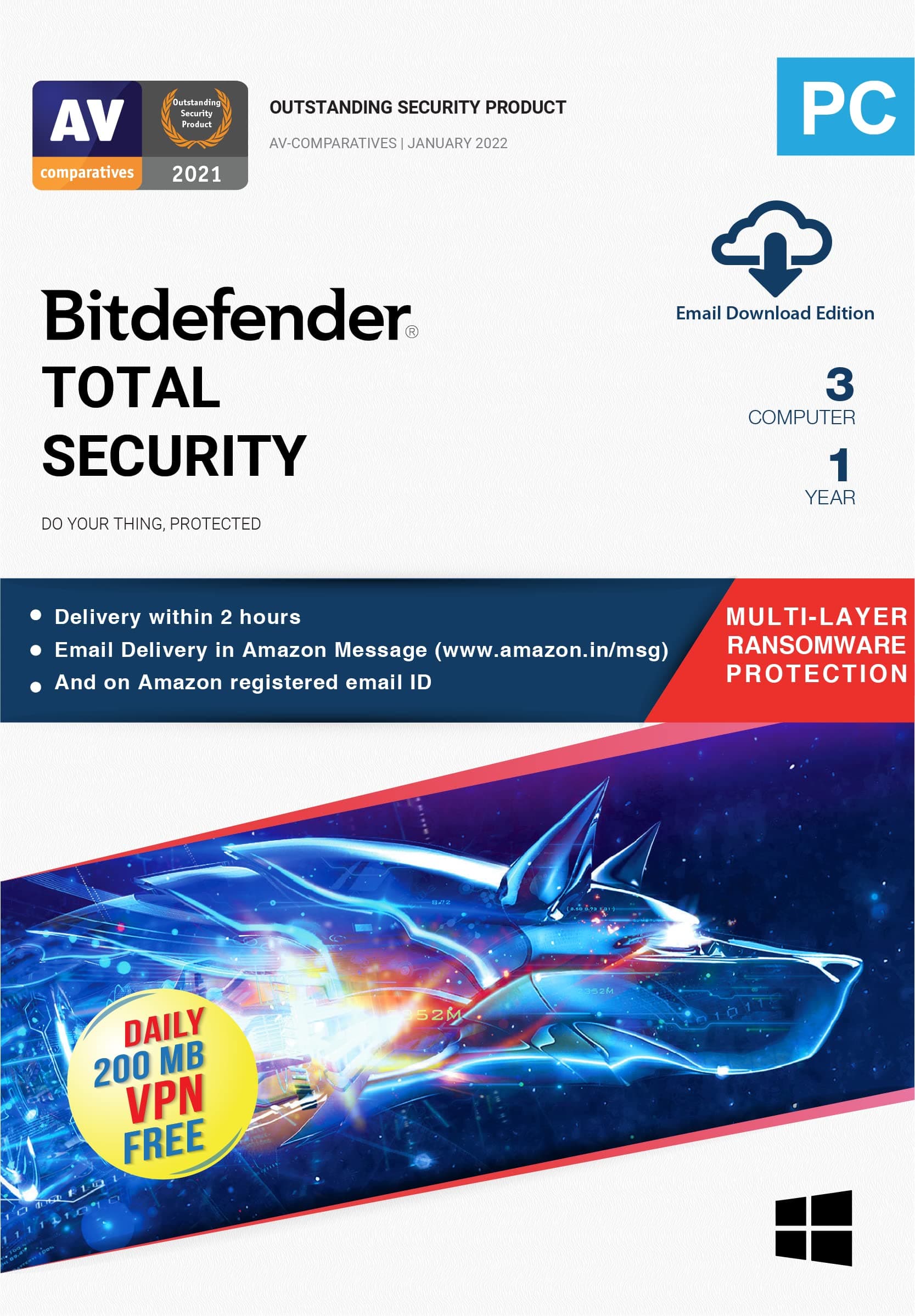 Bitdefender - 3 Computer,1 Year - Total Security | Windows | Latest Version |(Single Activation Code) Email Delivery in 2 Hours- No CD |