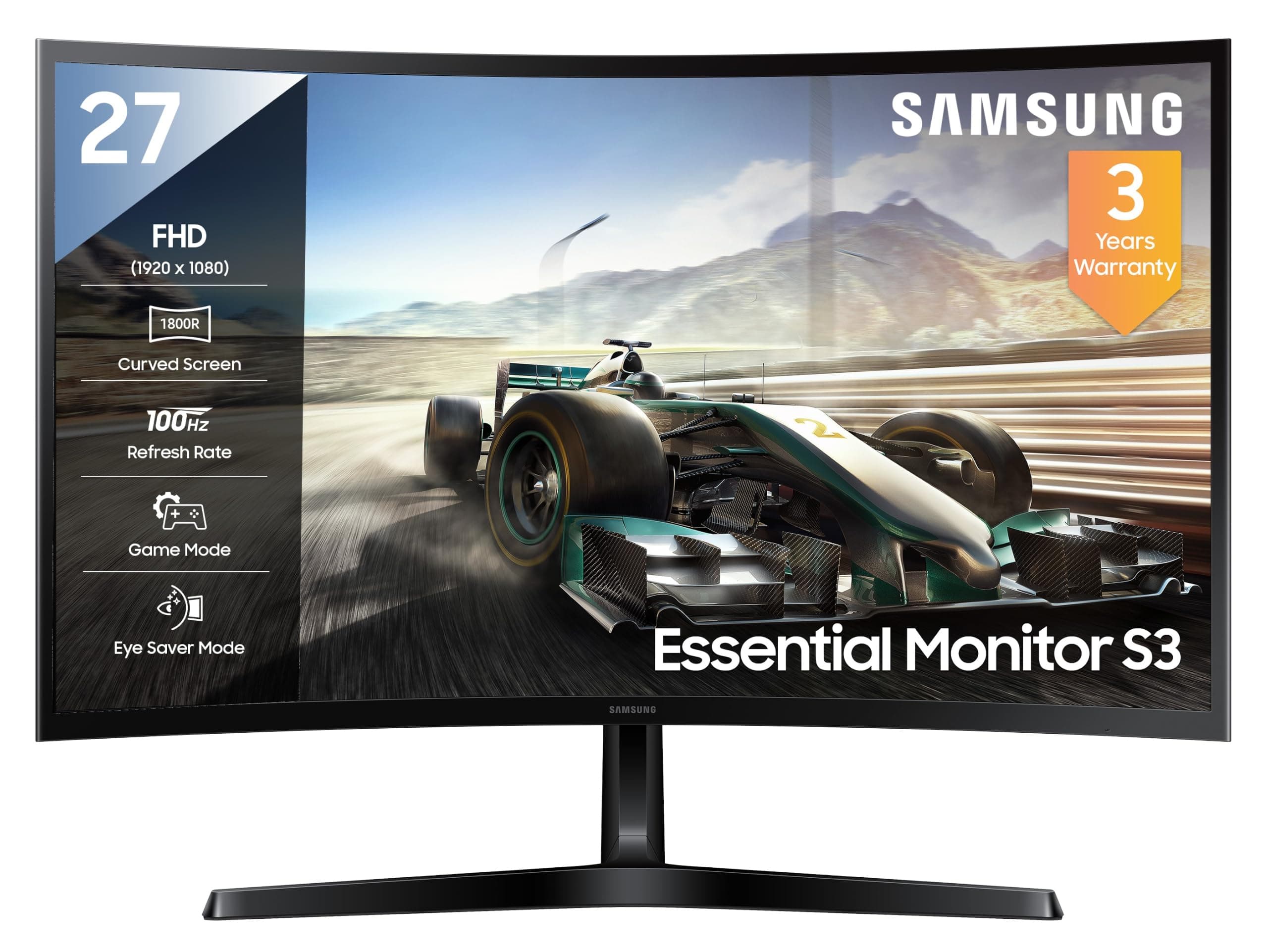 Samsung 27" (68.5cm) 100Hz Curved Monitor|1800R Curved Screen|100Hz|4ms|SRGB 95%|Ports-HDMI,D-Sub,Headphone|Game Mode|EyeSaver Mode|16.7M Color Support|Flicker Free|Off Timer Plus|LS27D368GAWXXL|Black