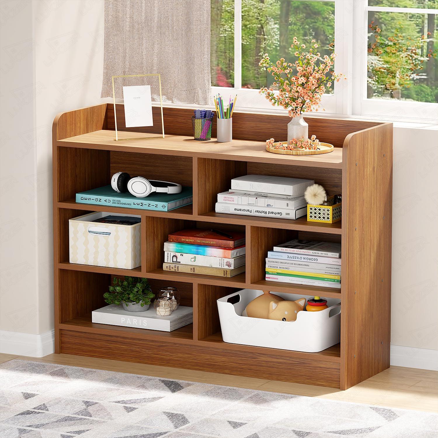 Lukzer Multipurpose 7-Section Storage Rack Bookcase | MR-008/Oak Brown | Open Display Unit for Home & Workspaces (70x28x93cm)