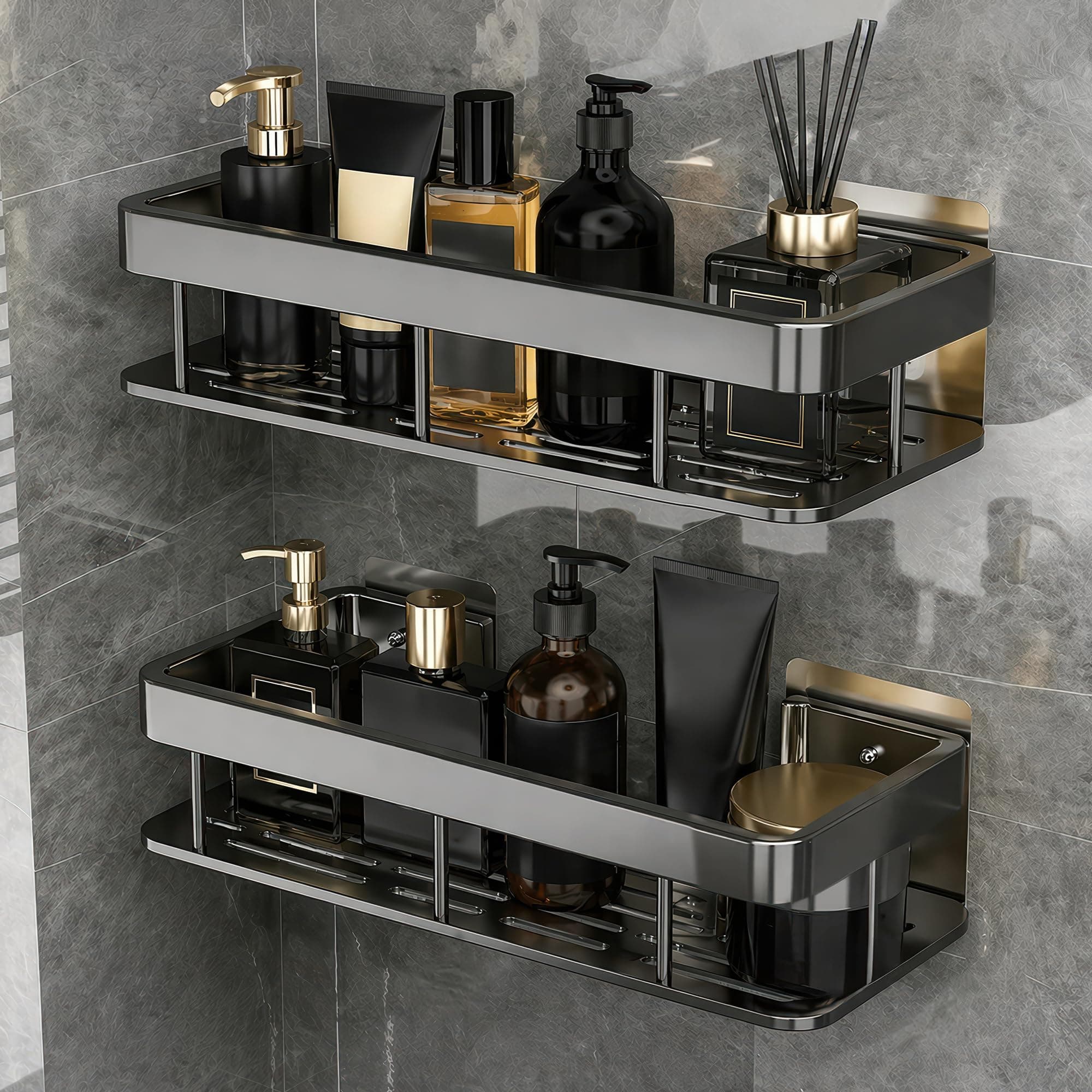 amazon basics 2 Pack Self Adhesive Bathroom Shelf for Wall, Bathroom Organiser Without Drill, Kitchen Sink Organiser, Rust Resistant Wall Mounted Bathroom Rack for Shampoo, Soap & Toiletries, Black