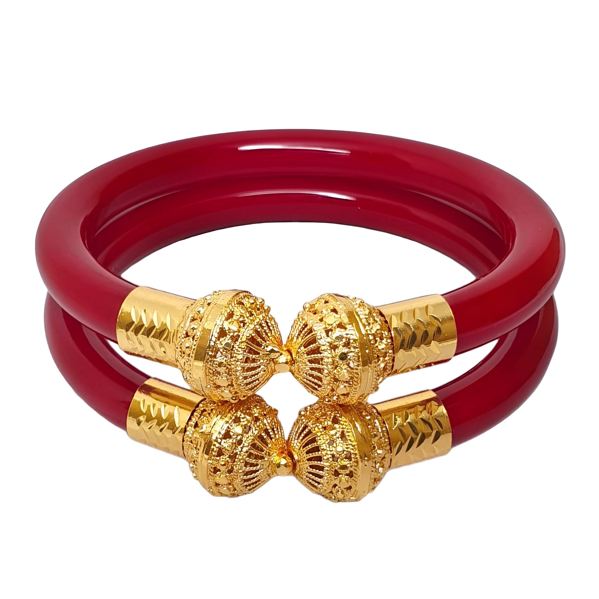 AETHEL Traditional Red & Gold Plated Bangles for Women - Indian Bridal Shakha Pola Style - Pack of 2 (2.4)