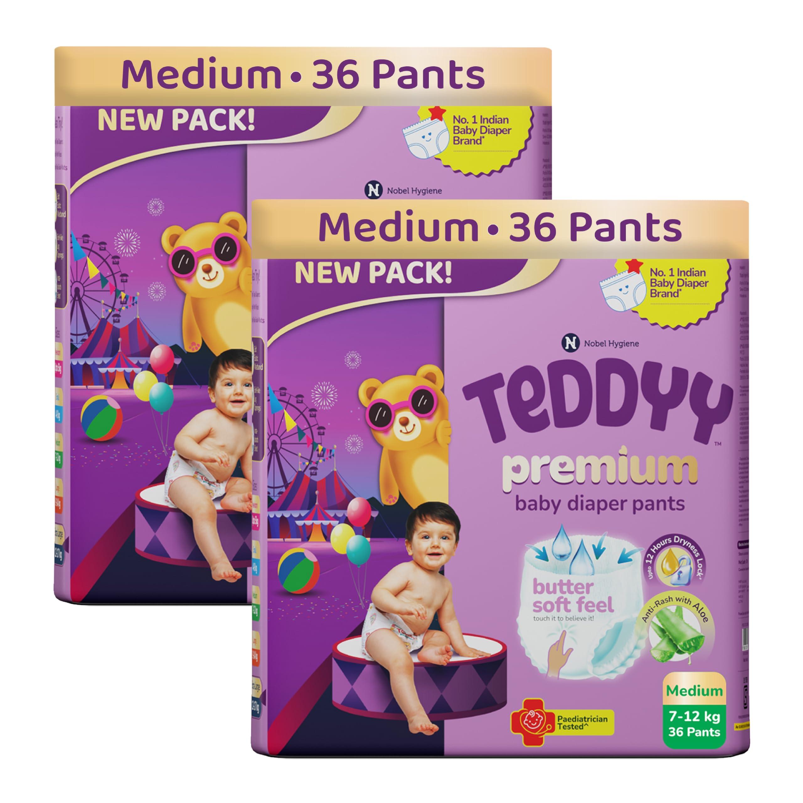 Teddyy Premium Baby Diaper M size, Pant Style | Medium (7-12 kg), 72 Pants | Butter Soft Feel, Anti-Rash with Aloe Vera, 12 Hours Dryness Lock