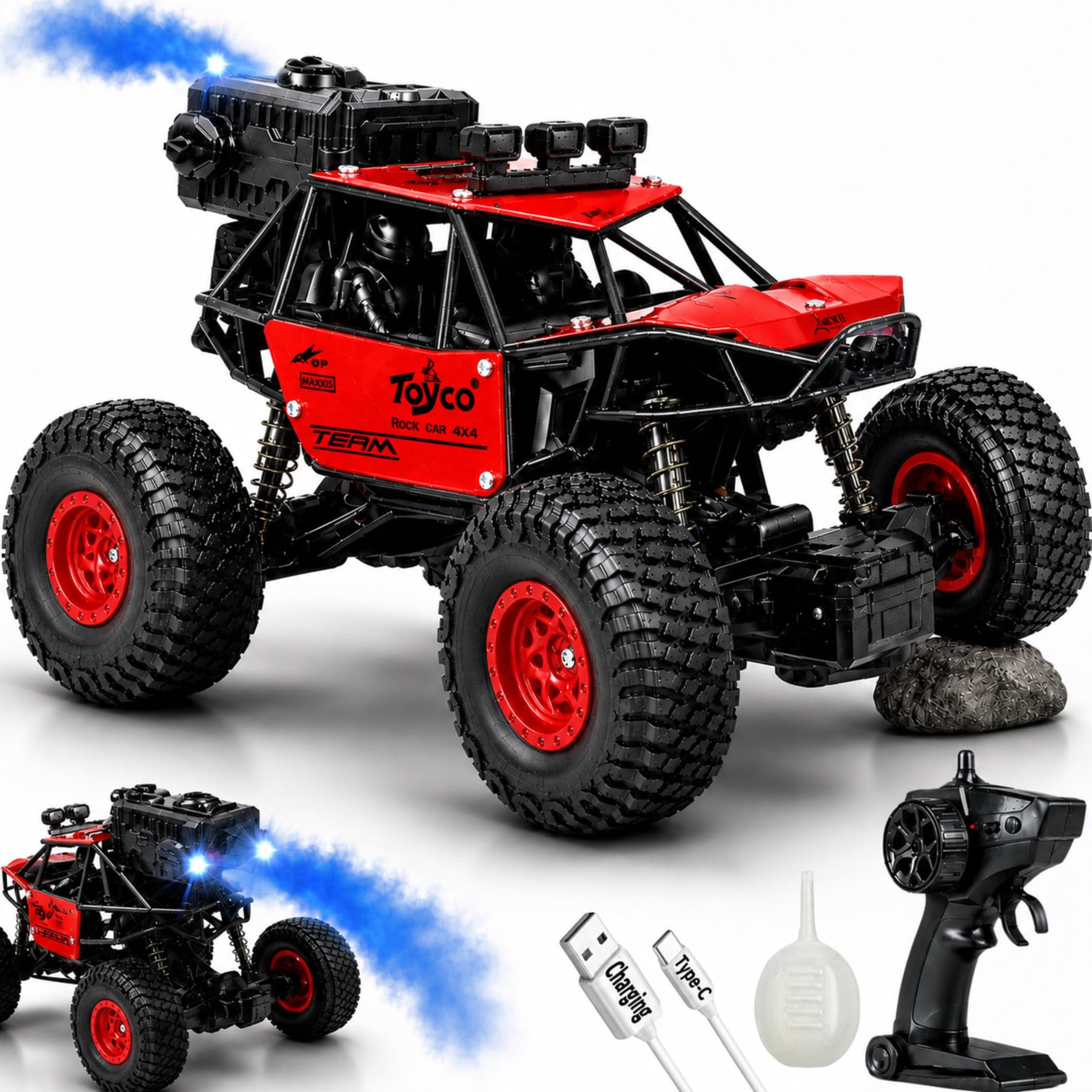 toyco® 1:18 Alloy Rock Crawler - Rechargeable RC Car with Water Spray System, LED Smoke Effect & Anti-Slip Tires | Off-Road Toy Truck/Car Gift for Boys Age 4+, (Red)