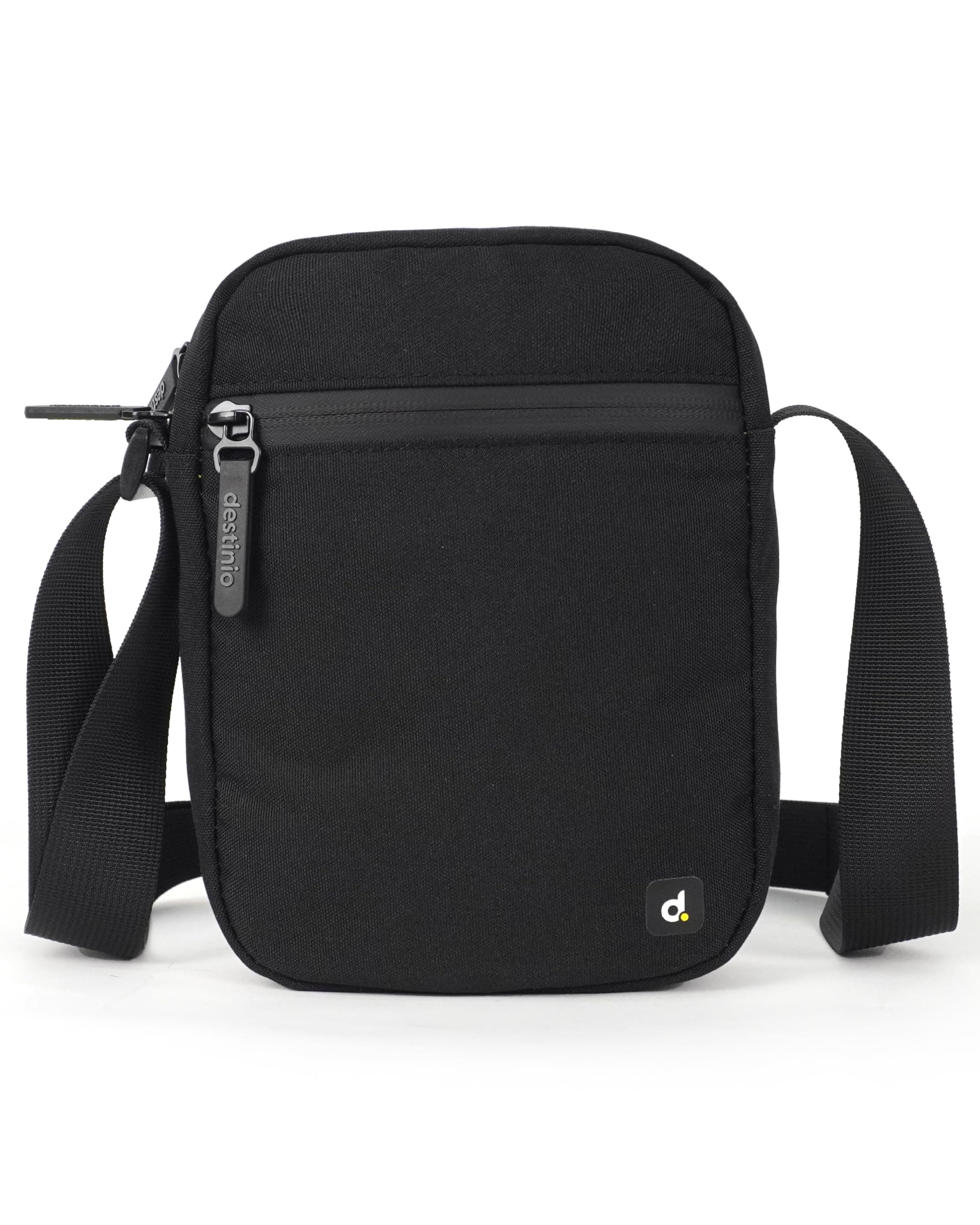 Destinio Small Crossbody Sling Bag for Men and Women - Waterproof Pocket and Zippers, Anti Theft Locking - Stylish Mini Side Bag for Man for Mobile, Passport (Black, Small)