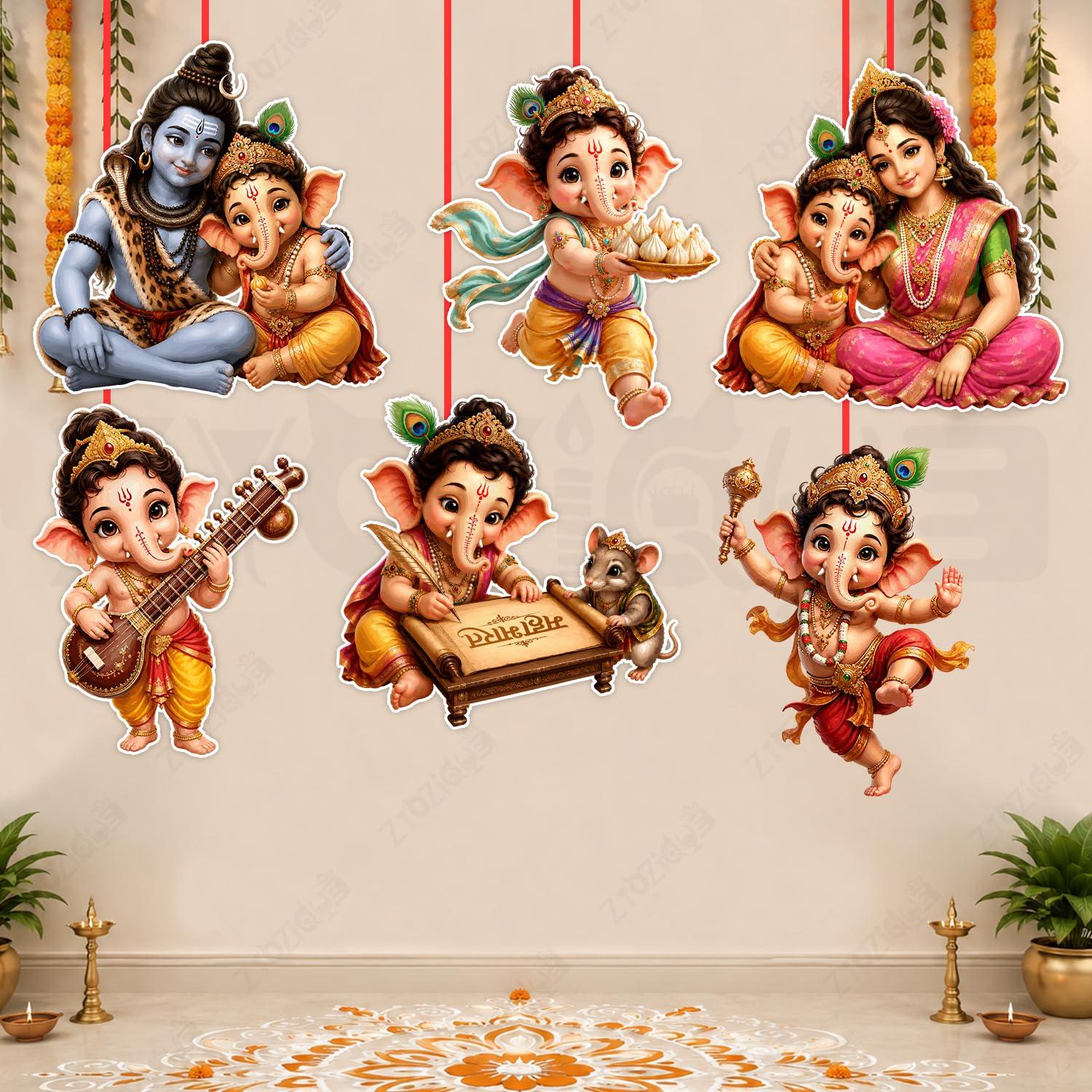 Zyozique 6 Pieces Lord Ganesha Ceiling Hanging Decorations Set | Ganpati Wall Ceiling Hanging Decor with Ribbon | Ganesha Hanging Ornaments for Home Temple Puja Festival | Ganesh Chaturthi Decoration