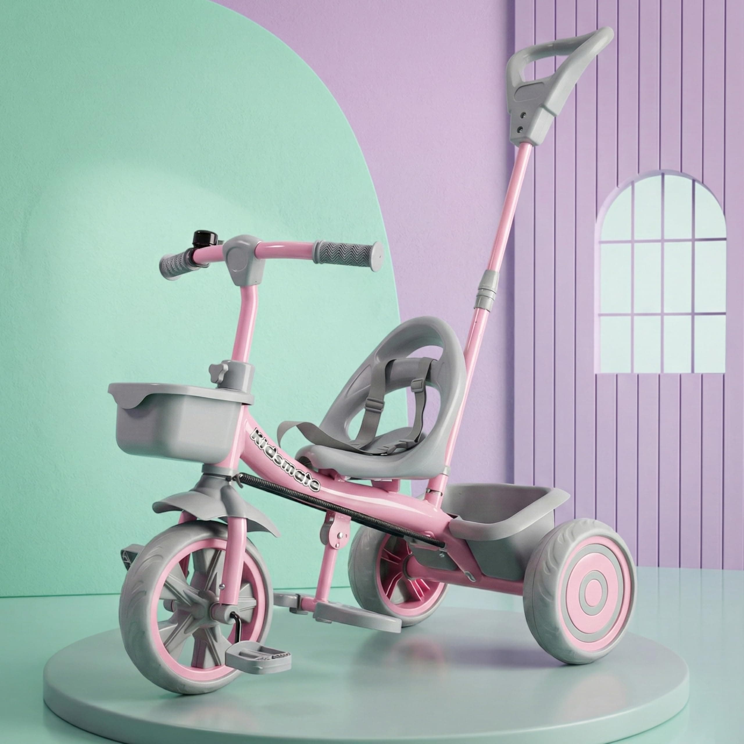 Kidsmate Junior Tricycle for Kids with Parental Control | Cycle for Kids 1-4 Years | Baby Cycle | Bicycle with Storage Basket, Cushion Seat and Seat Belt Carrying Capacity 30 Kgs (Pink-Grey)