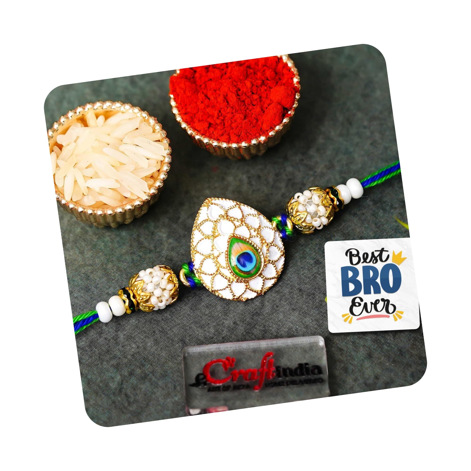 eCraftIndia Peacock Feather Pearls Designer Rakhi for Brother with Gift Combo Set | Raksha Bandhan Rakhi for Bhai Bhaiya | Best Bro Ever Fridge Magnet | Roli Chawal Pack