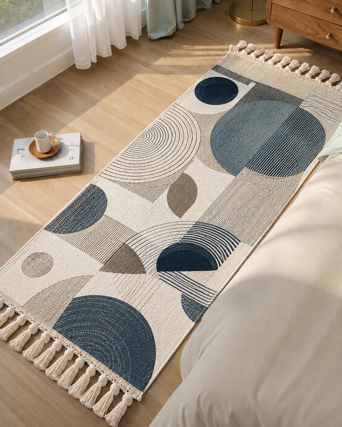 GLOFY Printed Cotton Bedside Runner Rug Carpet 2x5 Feet (60 x 152 cm) | Machine Washable | Soft Floor Runner Carpet for Bedroom, Hallway, Living Room & Entryway - Abstract Geometric