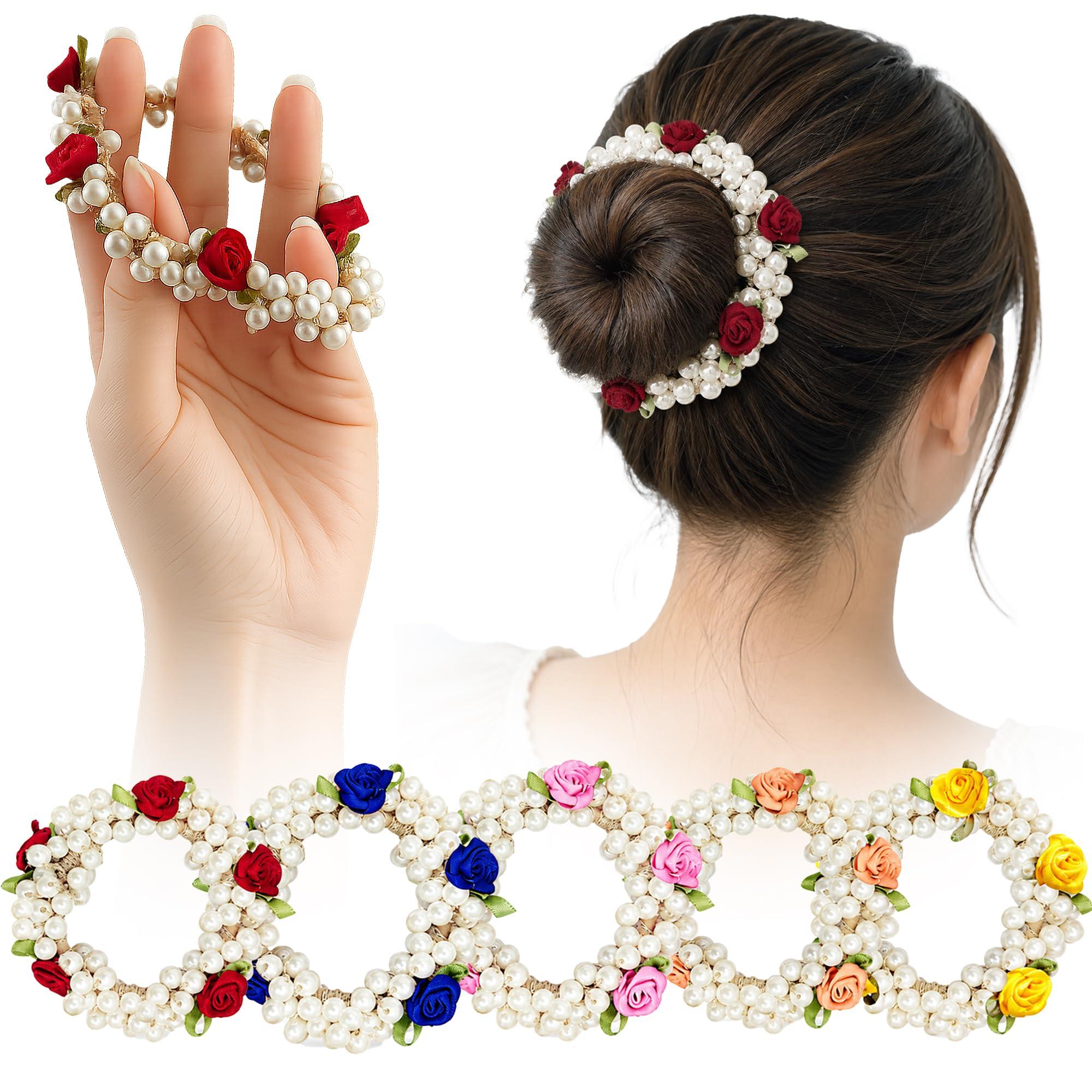 Sanas Hair Bun Accessories For Women Stylish (5Pcs) Scrunchies Set Rubber Band For Hair Ties For Women Accessories For Gift Artificial Flowers For Hair Styling (5Pcs) (Multicolor Artificial Gajra)