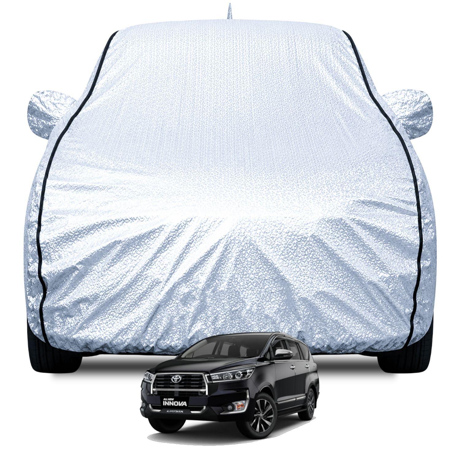FABTEC Waterproof Car Body Cover for Toyota Innova Crysta with Mirror Pocket, Soft Cotton Lining, Triple Stitched (Heat Resistant Metallic Silver with Black Piping)