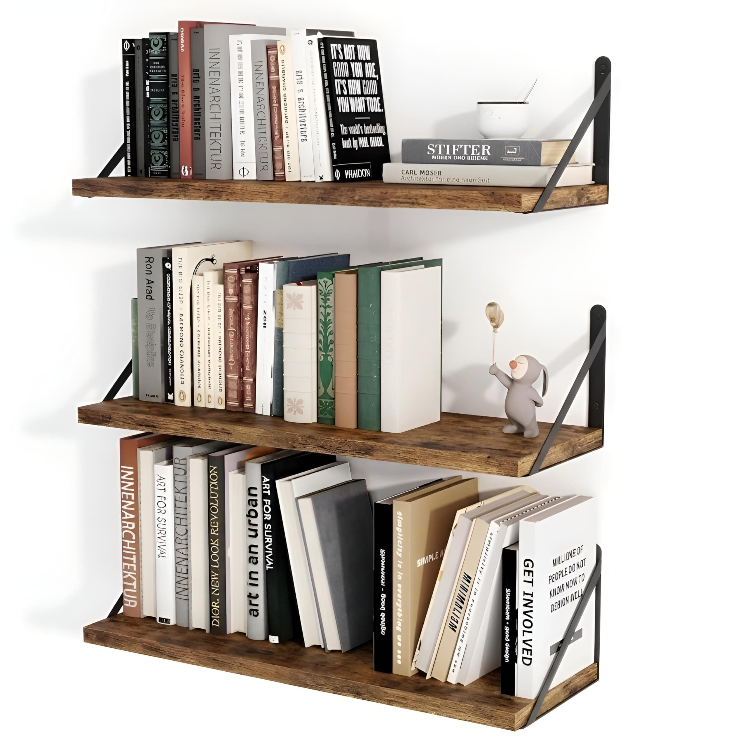 OXMIC Rustic Wood Wall Shelves with Black Metal Brackets, Book Shelf for wall, wall Shelves, wall Book Shelf, 20x6 Inch, Set of 3, for Books and Decor