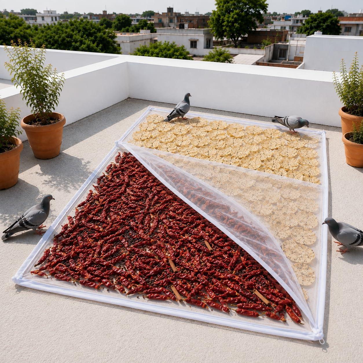 Multi Purpose Cotton Sun Drying Cloth with Net, Large Size 75 x 100 cm | Cotton Base Fabric with Protective Net Cover and Zipper for Papad, Millets, Rice & Spices, Bird Protection (Pack of 1)