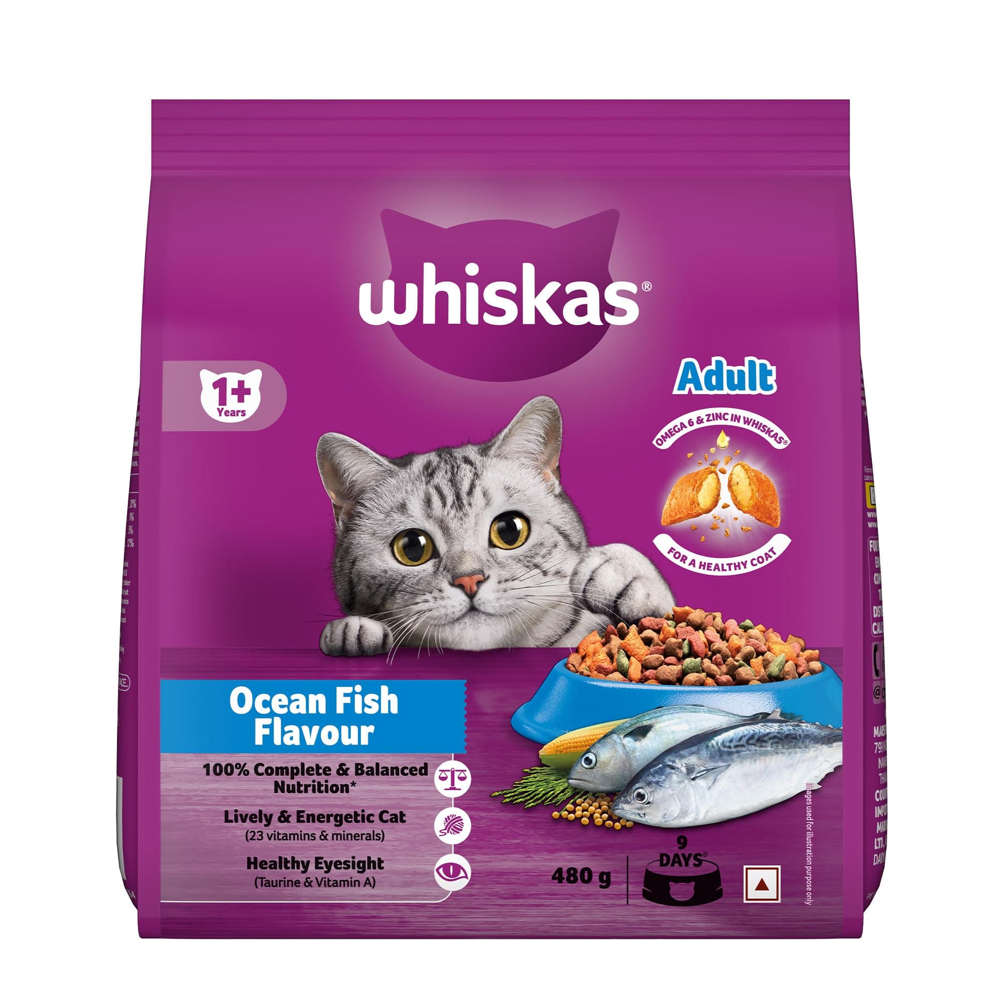 Whiskas Adult (1+ Years) Dry Cat Food, Ocean Fish Flavour, 480 g, Contains 41 Essential Nutrients, Complete & Balanced Nutrition for Adult Cats