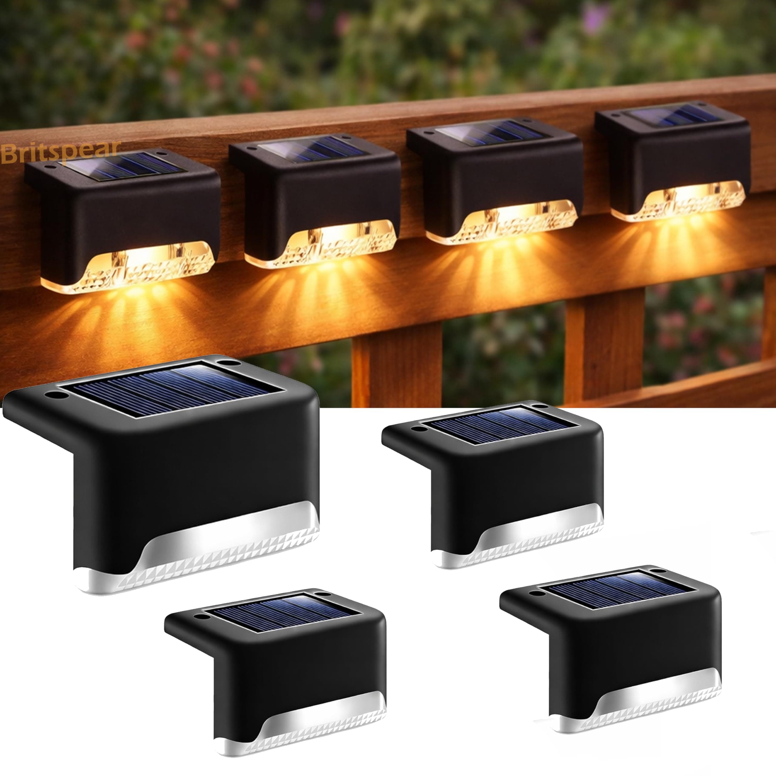 BRITSPEAR Solar Light Outdoor Garden Waterproof Stair Deck Pool Patio Fence Gate Yard Floor Step Railing Balcony Sunlight for Home (4, Standard)