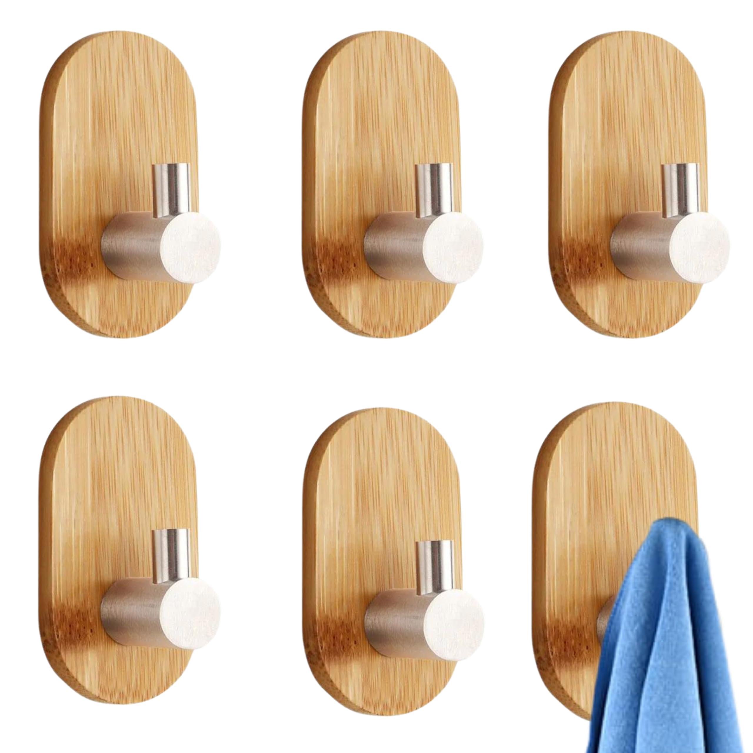 JIALTO 6 pcs Wooden Bathroom and Kitchen Hook, Self Adhesive Wall Hook - Essential Bathroom Accessories, Stylish Home Decor Items, Durable Kitchen Accessories Items (Rectangle Silver Wooden)