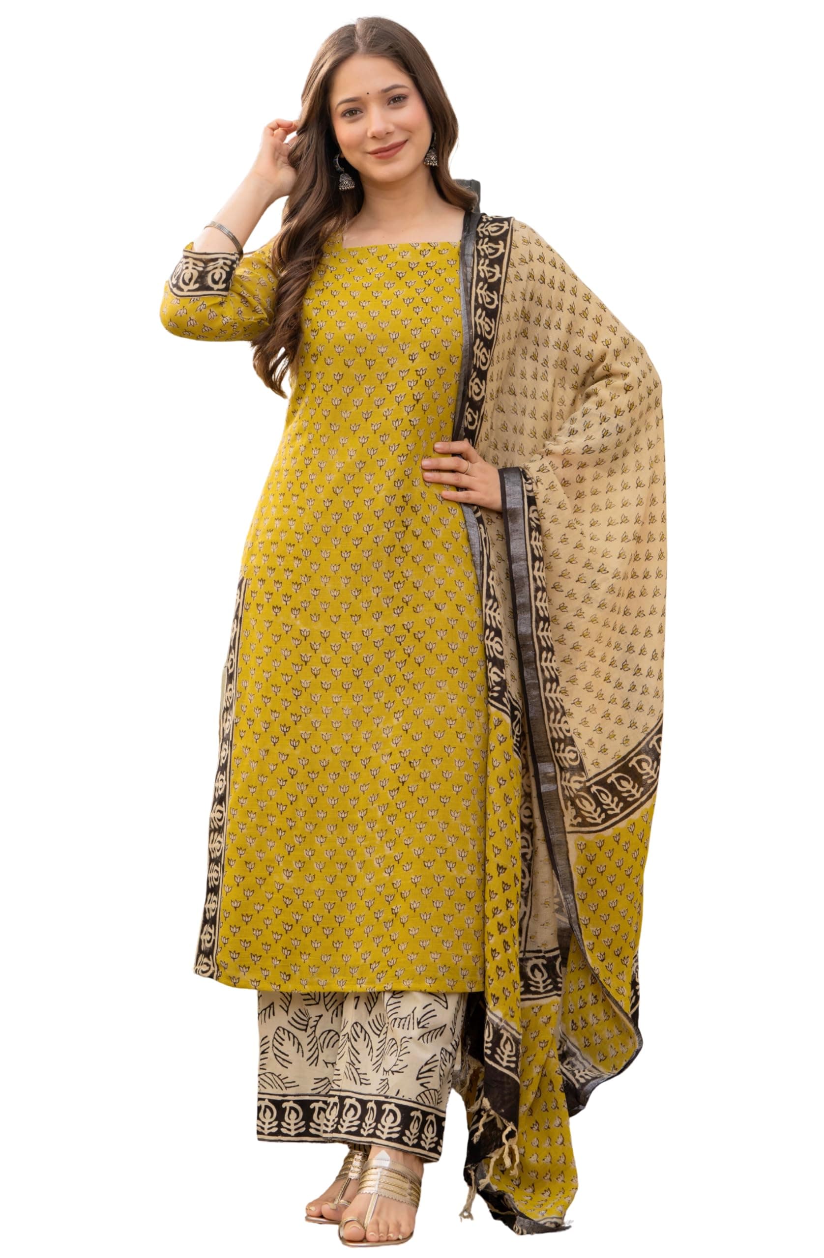 Amayra Women's Pure Cotton Straight Kurta Set with Palazzo Pants & Dupatta|Ethnic wear|Kurta Set for Women(TCK737-N,Yellow,XL)