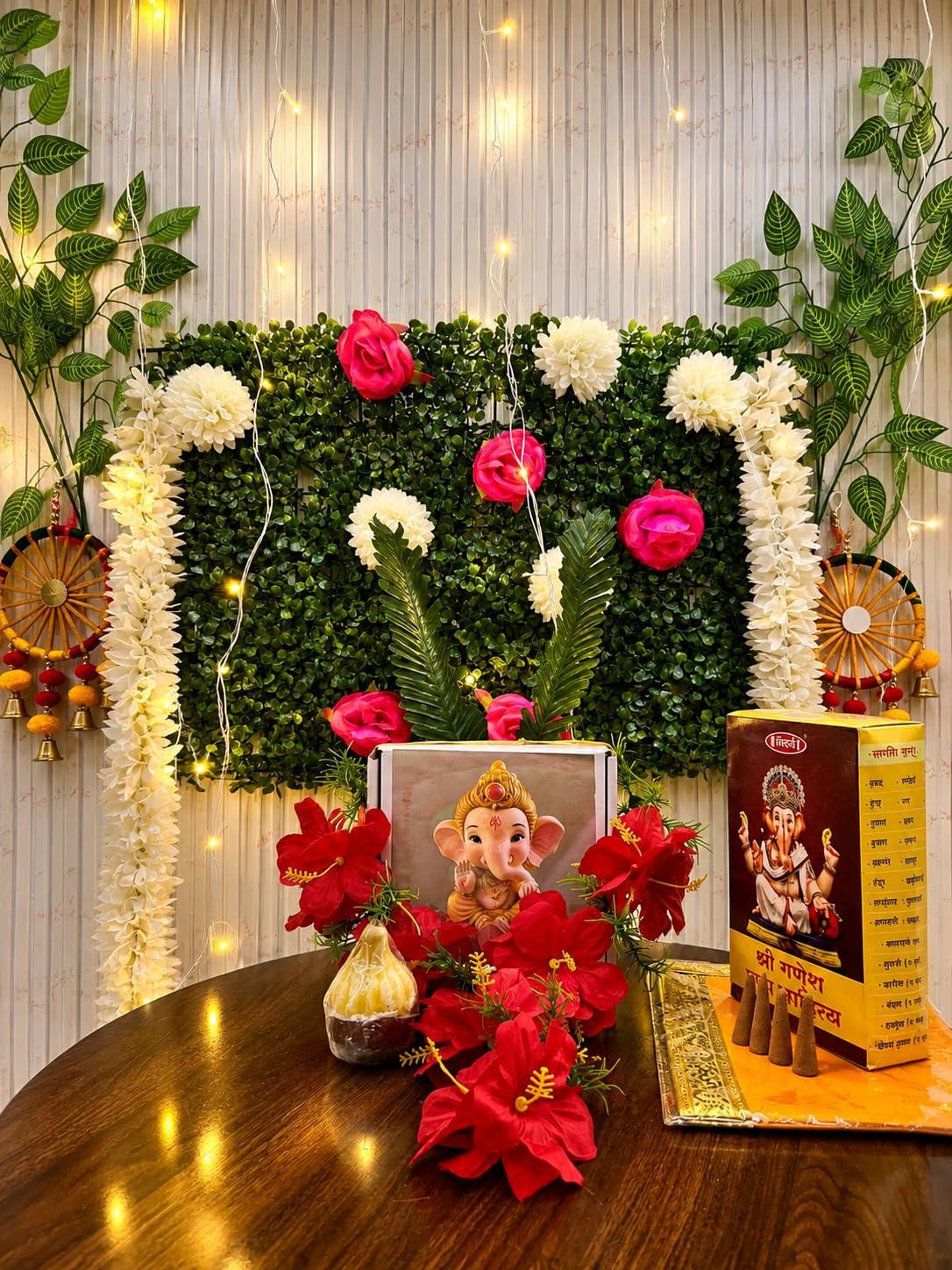 Ganpati Sthapana Decor & Complete Pooja Samagri Kit | All-in-One Ganesh Chaturthi Puja Kit with Decoration Items, Pooja Essentials, Flowers, Green Backdrop, Leaves, Latkan & Cloth | Ready to Use