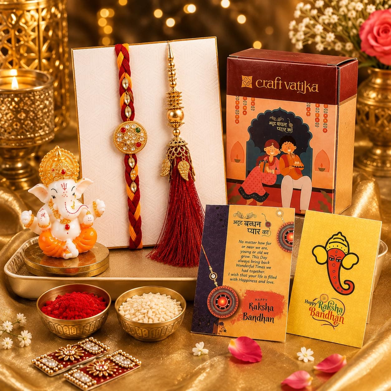 CraftVatika Rakhi Gift for Brother Bhabhi with Showpiece Combo Gift- Kundan Rakhi, Red Floral Lumba Rakhi for Brother Bhabhi with Figurine