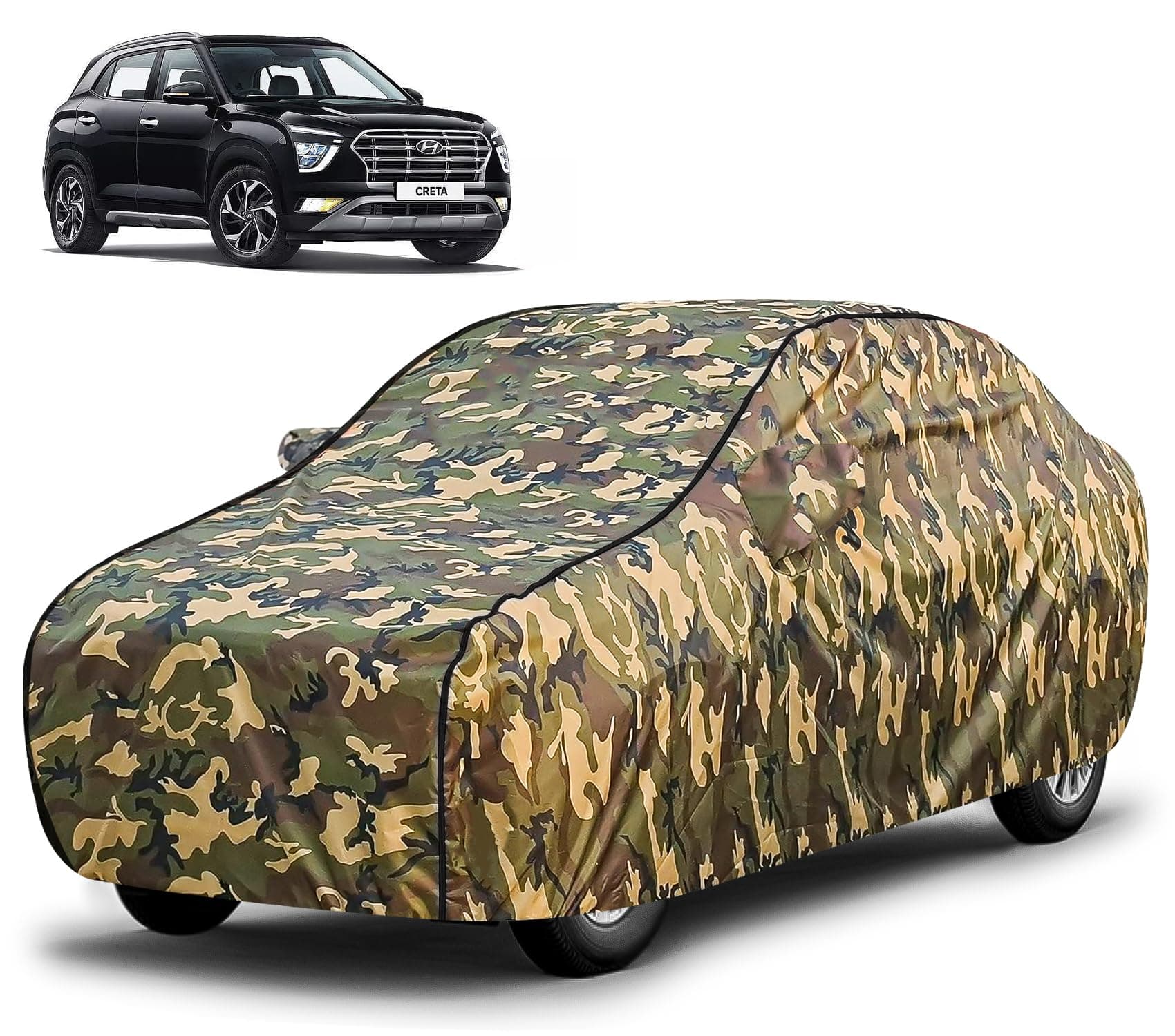 FABTEC Waterproof Car Body Cover for Hyundai Creta with Mirror Pocket, Triple Stitched (Military, Jungle Print, Camouflage Design)