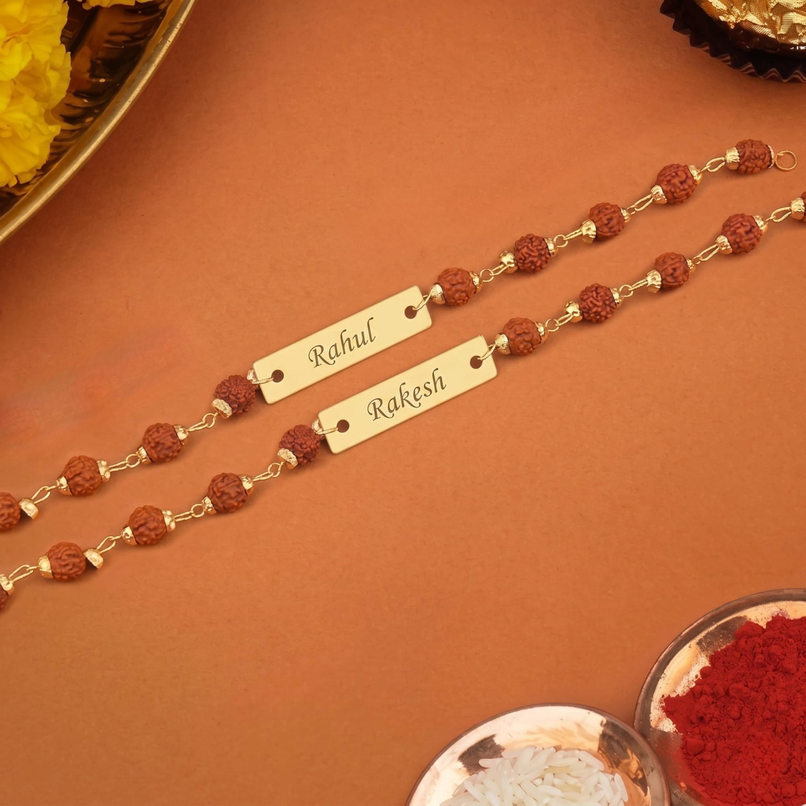 Pijera Personalized Rudraksha Rakhi Bracelet with Name, Radha Bracelet For Men for Brother, Customized ID Bracelet with Rudraksha Beads, Gold (5)