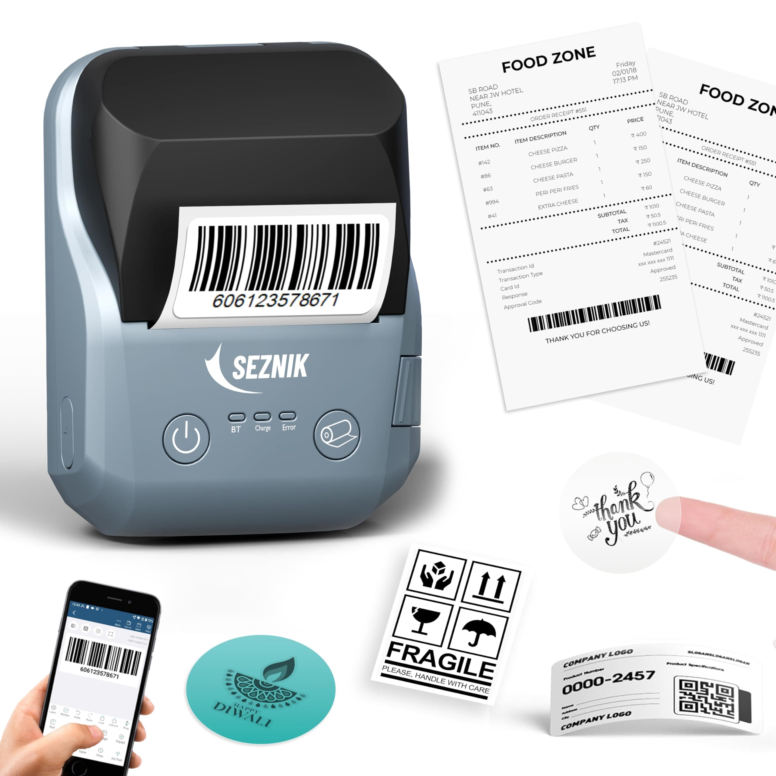 SEZNIK DEV Bluetooth Thermal Label + Receipt Printer for Business | Inkless Mini | 203 DPI | Mobile, Desktop Compatible | Upto 2 inch Print | Lifetime Free Label Print App | 1 Year Warranty