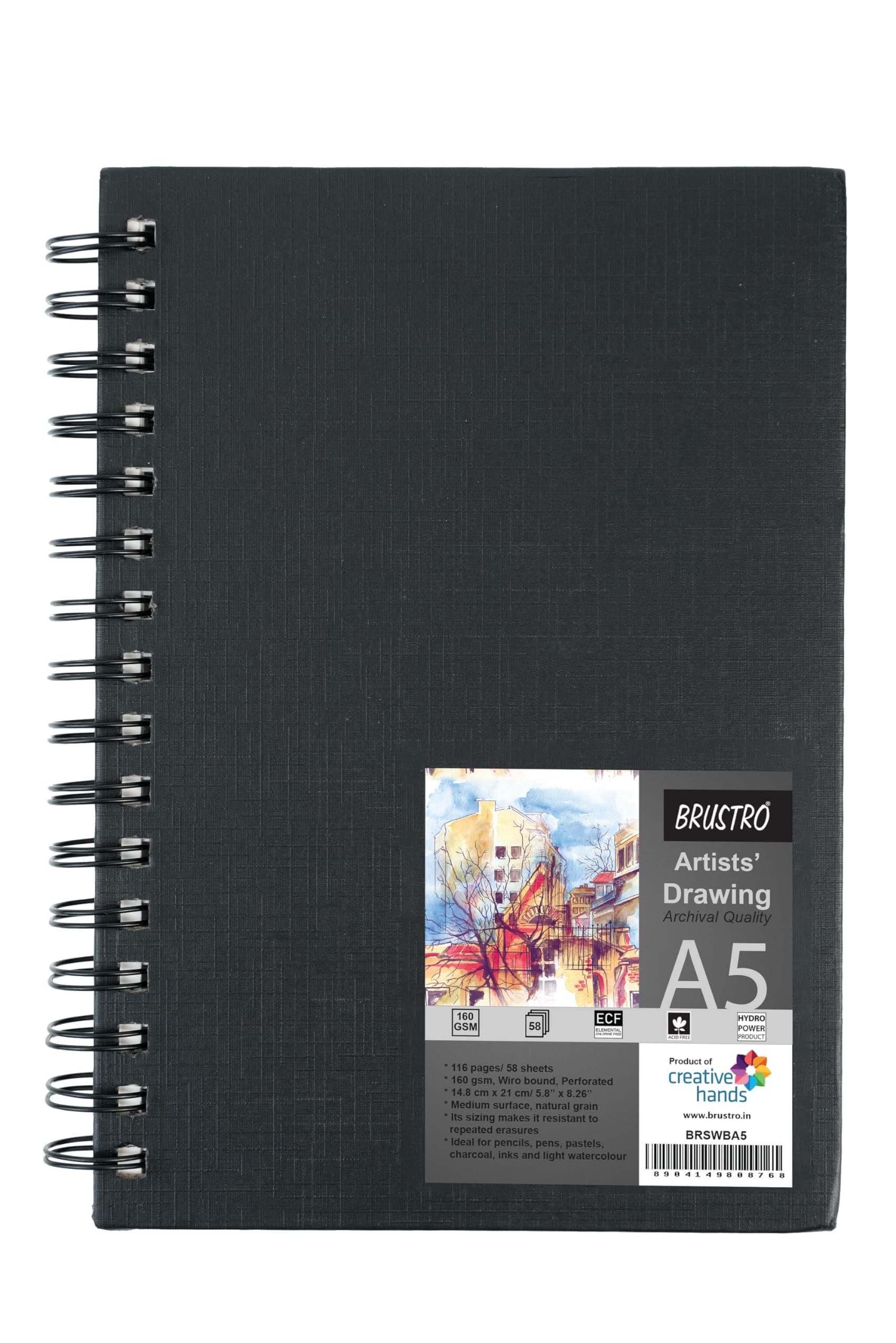 Brustro Artists' Sketch Book Wiro Bound, Size A5 (5.8x8.3 inches), 160 GSM, 116 Pages (Acid Free) | Ideal for Sketching,Shading,Drawing with Pencil,Charcoal,Graphite