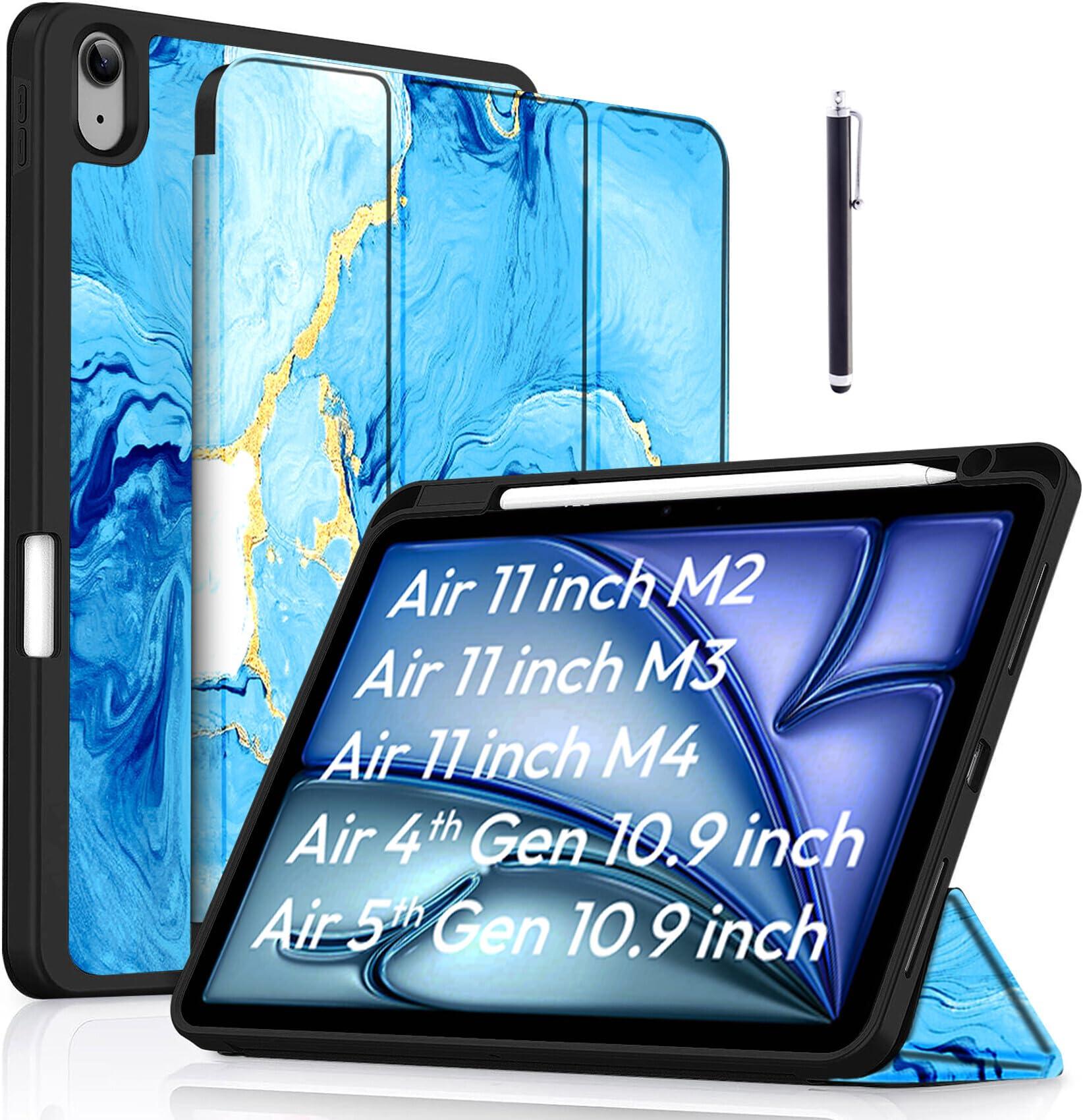 Robustrion Case Cover for iPad Air 11 inch M4/M3/M2 (2024/2025/2026)/iPad Air 4th 5th Generation Cover 10.9" with [Pencil Holder Right Side][Flexible Back][Auto Sleep Wake] and Stylus Pen - Ocean Blue