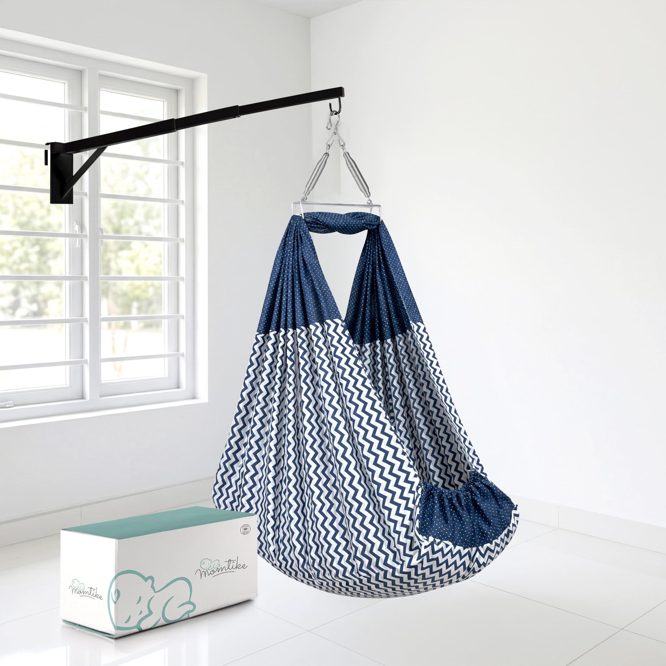 Momtike Baby Swing Cradle (Jhula) with Mosquito Net, Soft Pad, Spring Hanger & Metal Window Cradle Stand (Navy)
