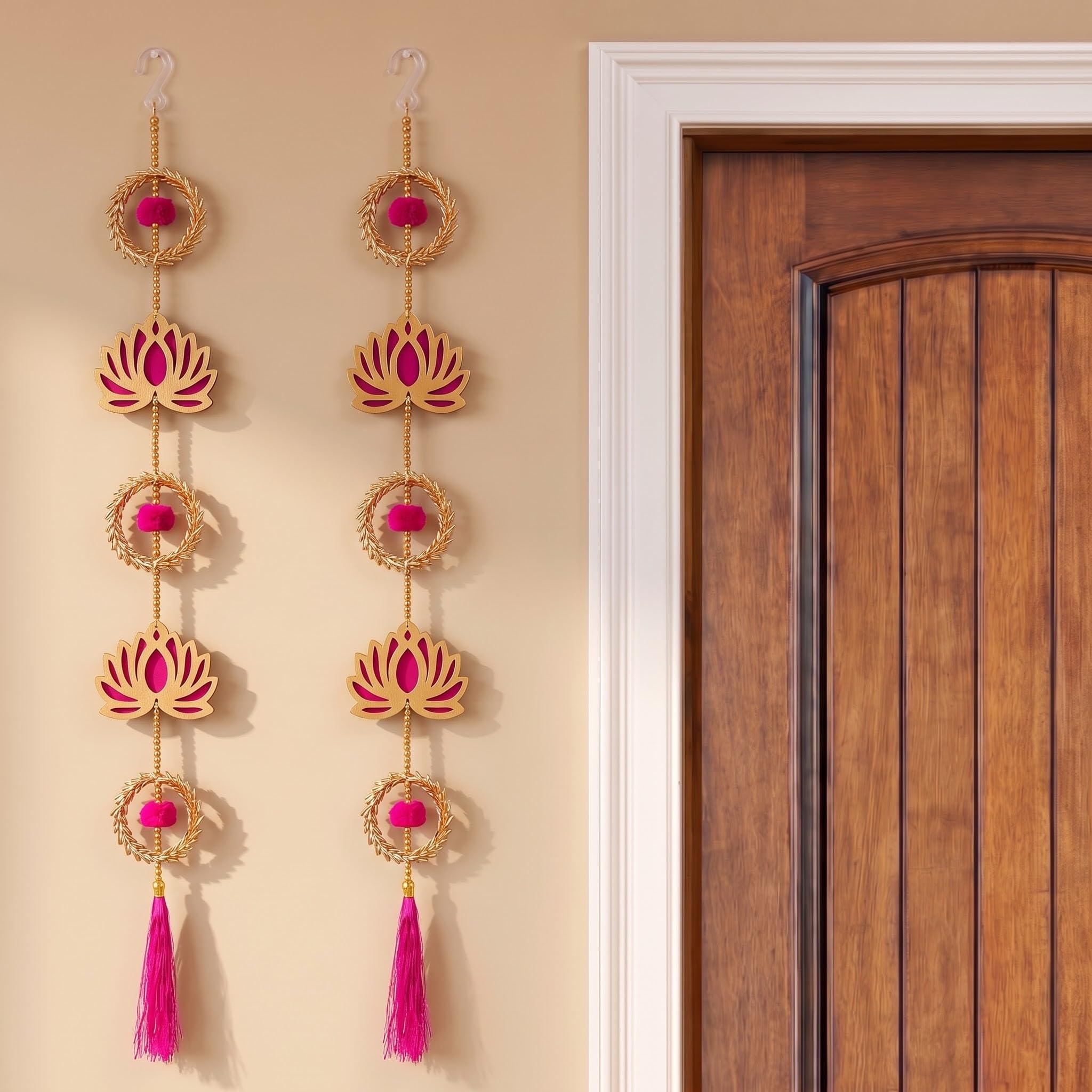 JH Gallery Lotus Wreath Hanging - Ganesh Chaturthi Decoration Items for Home, Handmade Ganpati Makhar & Mandap Backdrop, Temple & Wall Hanging Decor (33 Inch, Pack of 2)