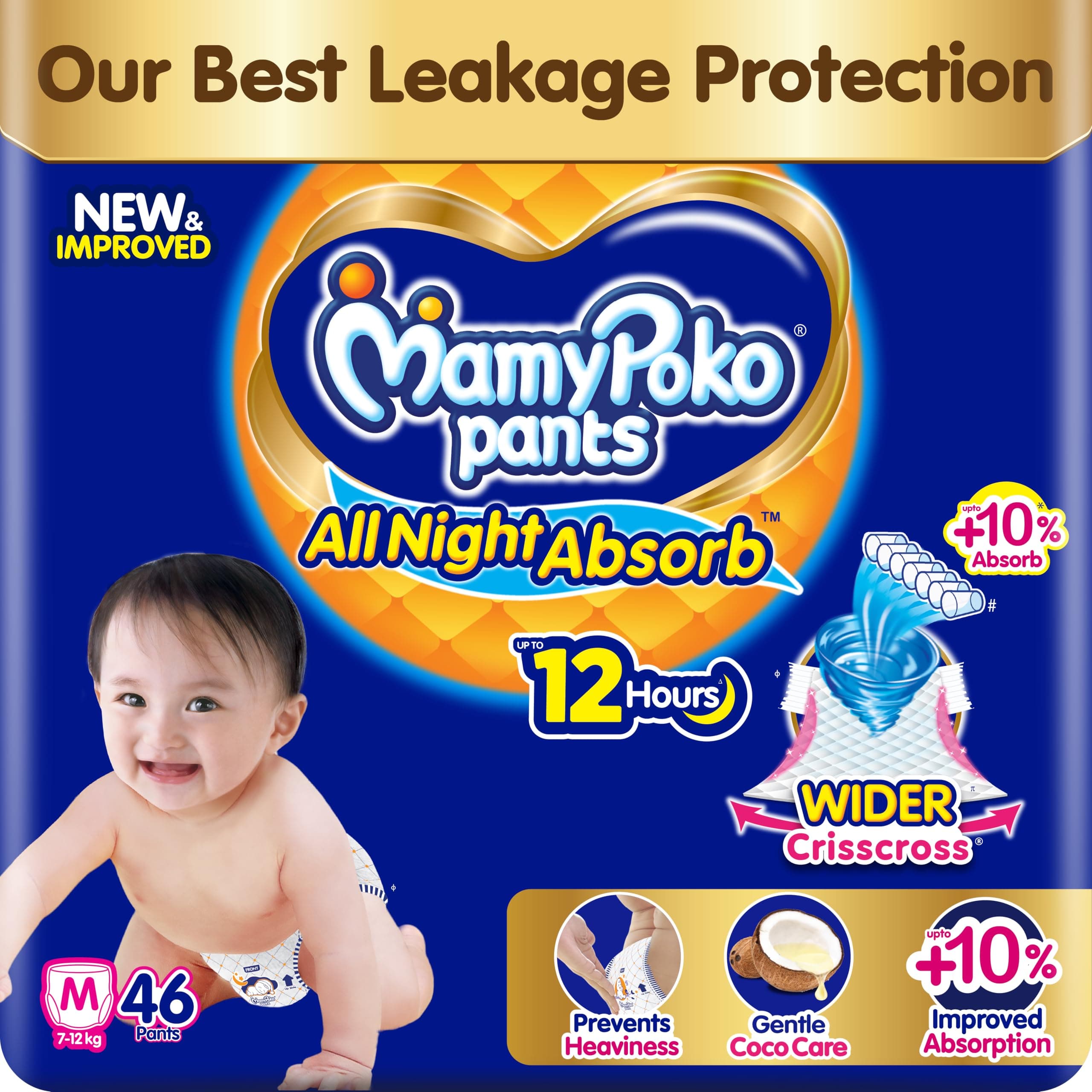 MamyPoko New Pants Premium All Night Absorb| Pant Style Baby Diapers Medium Size(M), 46 Count, Ideal for 7-12Kgs|1 Diaper= Upto All Night Absorption now with 10% increased power|Wider Crisscross Sheet