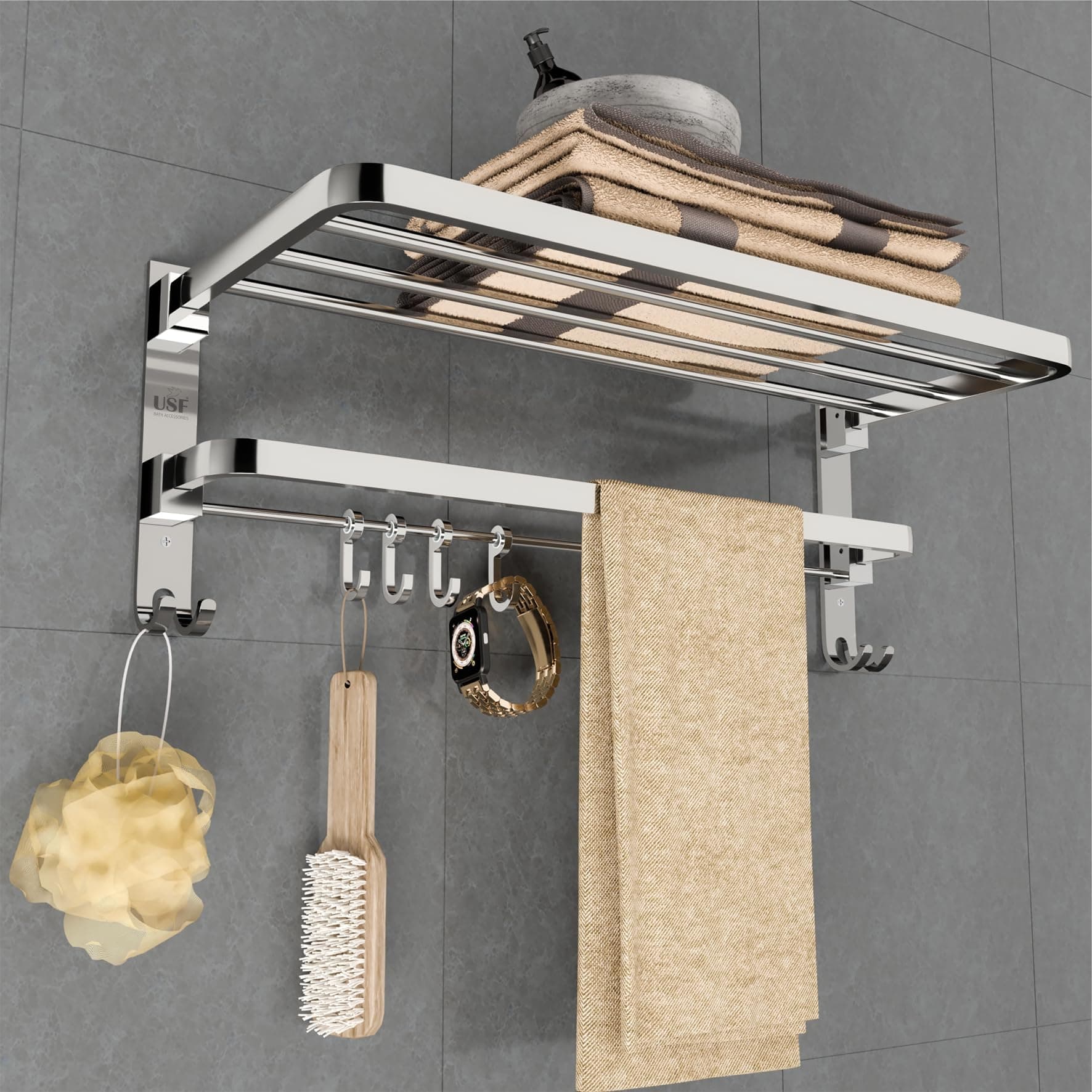 USF Premium Towel Rack for Bathroom | 18 Inch 304 Grade Stainless Steel Stand | Foldable Shelf with Hook | Chrome Finish | Sleek Modern Design | Pack of 2