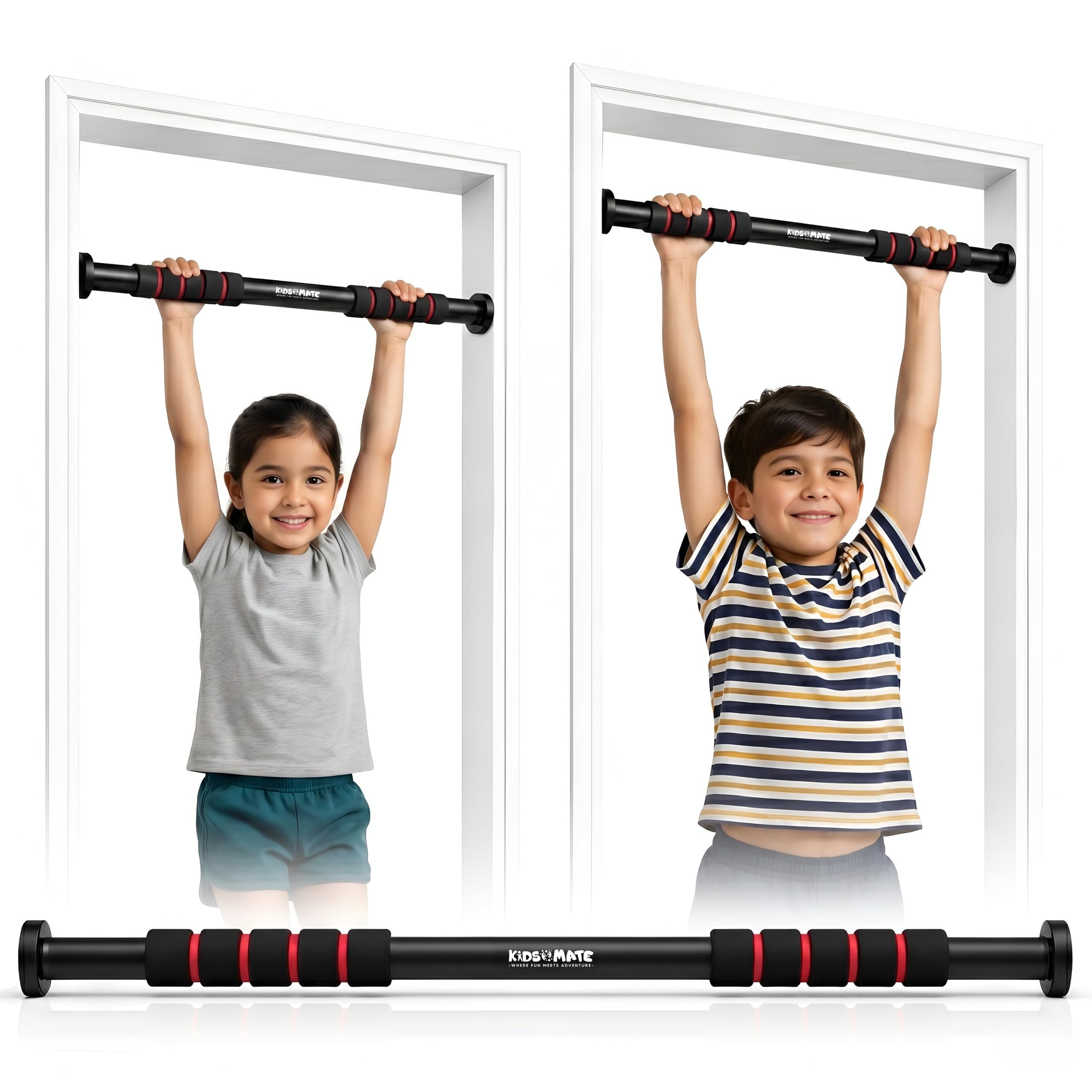 Kidsmate Hanging Rod and Pull Up Bar for Kids | Exercise Rod for Kids & Adults | 100 Kg Capacity | Stretching Bar for Growth, Posture & Exercise | No Drill Installation with Safety Lock - Black