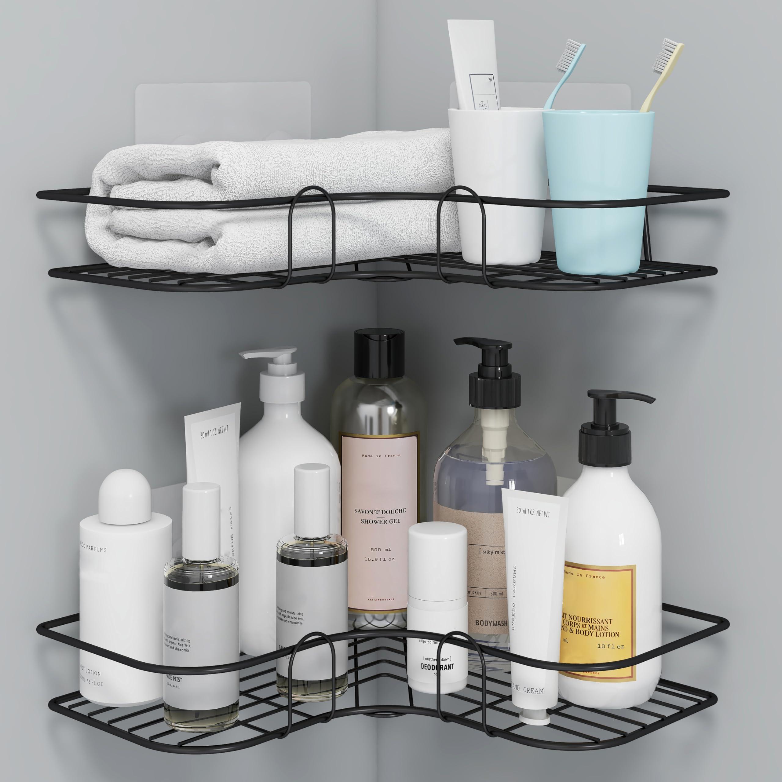 Plantex Corner Shelf for Bathroom Wall/Bathroom Organizer Without Drill/Kitchen Shelf/Bathroom Corner Shelves/Steel Bathroom Shelf- Pack of 2 (Black,CED Powder Coated)