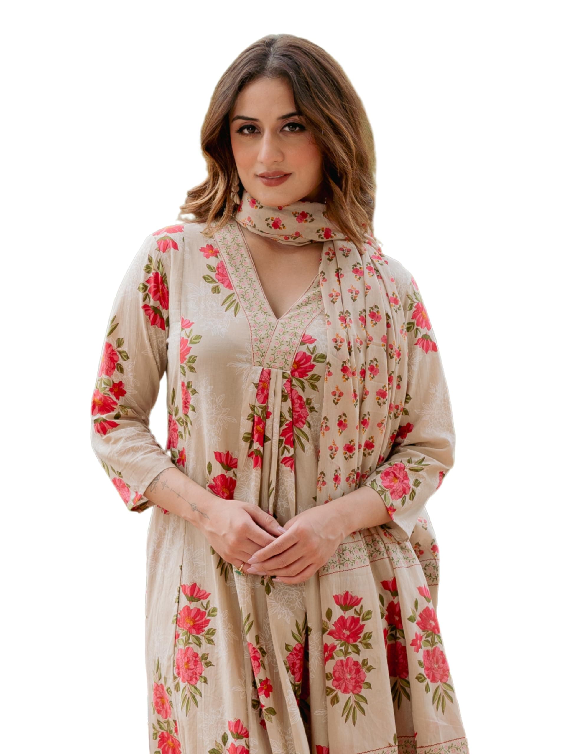 Arayna Women’s 100% Pure Cotton Floral Printed Kurta Pant Dupatta Set | Elegant Ethnic Suit Set with Soft Floral Motifs | Straight Fit 3-Piece Set for Women, Rose Beige, X-Large