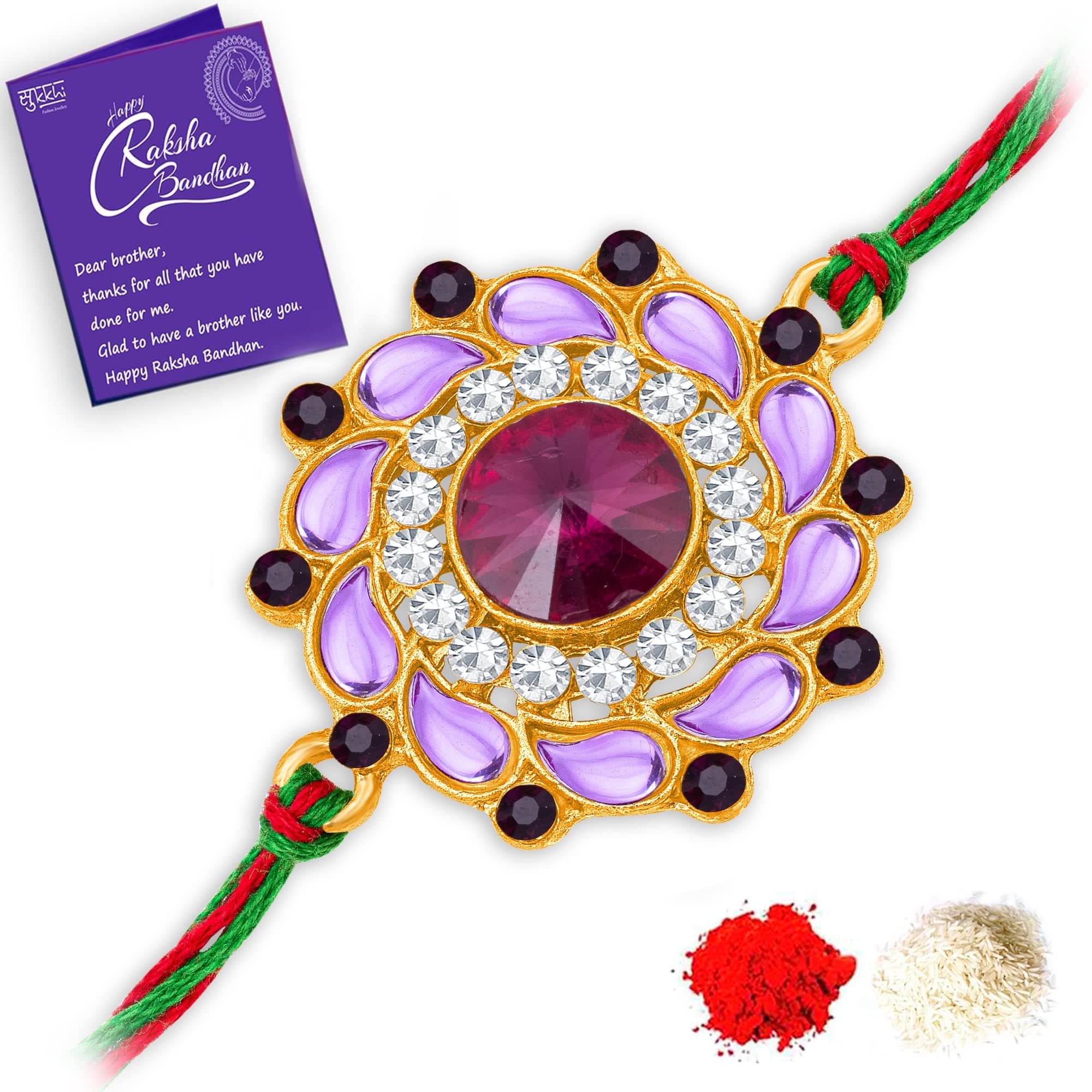 Sukkhi Mens Rakhi for Brother Felicitous Kundan Designer Gold Plated With Roli Chawal & Greeting Card|RAK104503