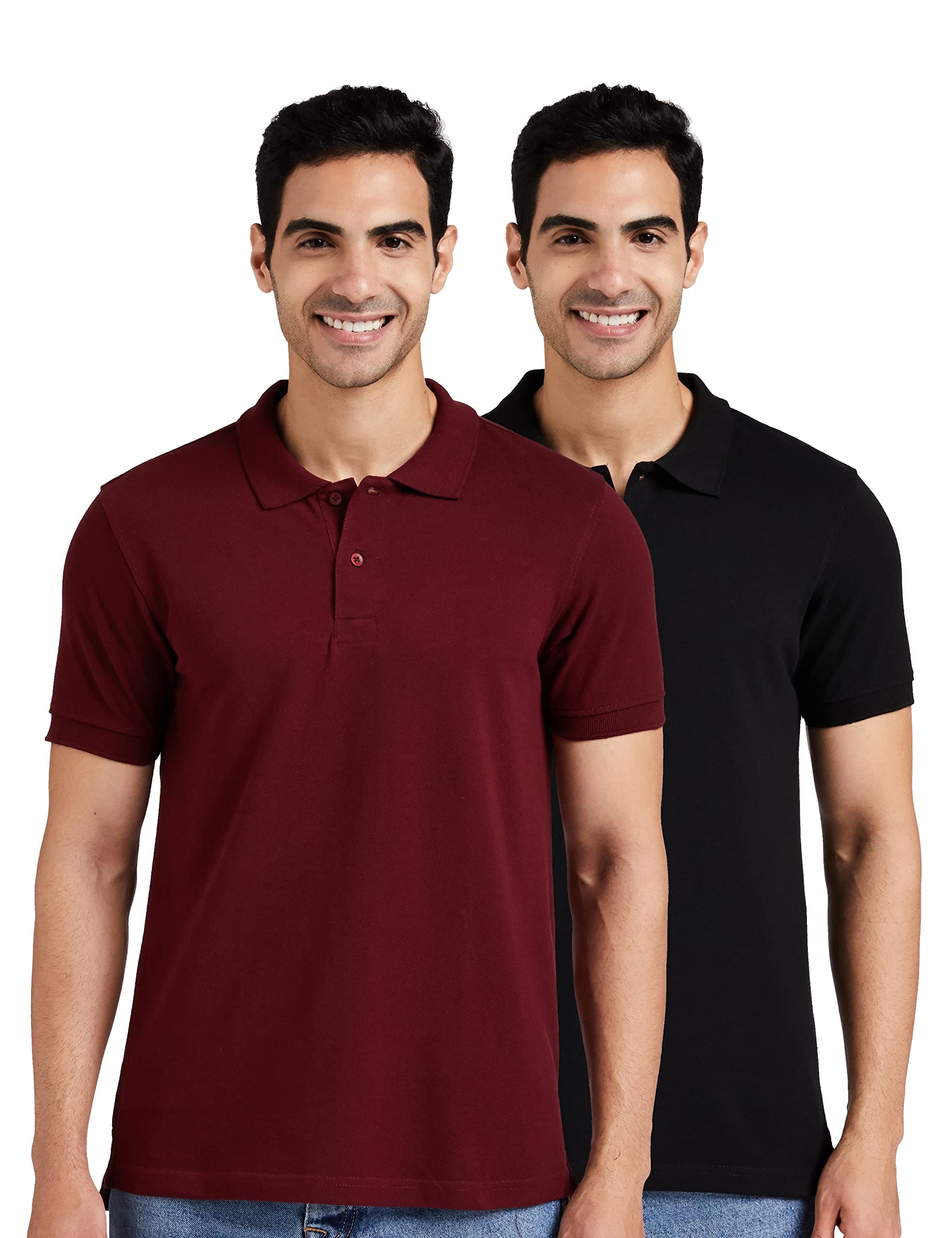 Amazon Brand - Symbol Men's Solid Regular Fit Half Sleeve Polo (Combo Pack of 2) (ESSPPO2A_Jet Black & Pomegranate_2XL)